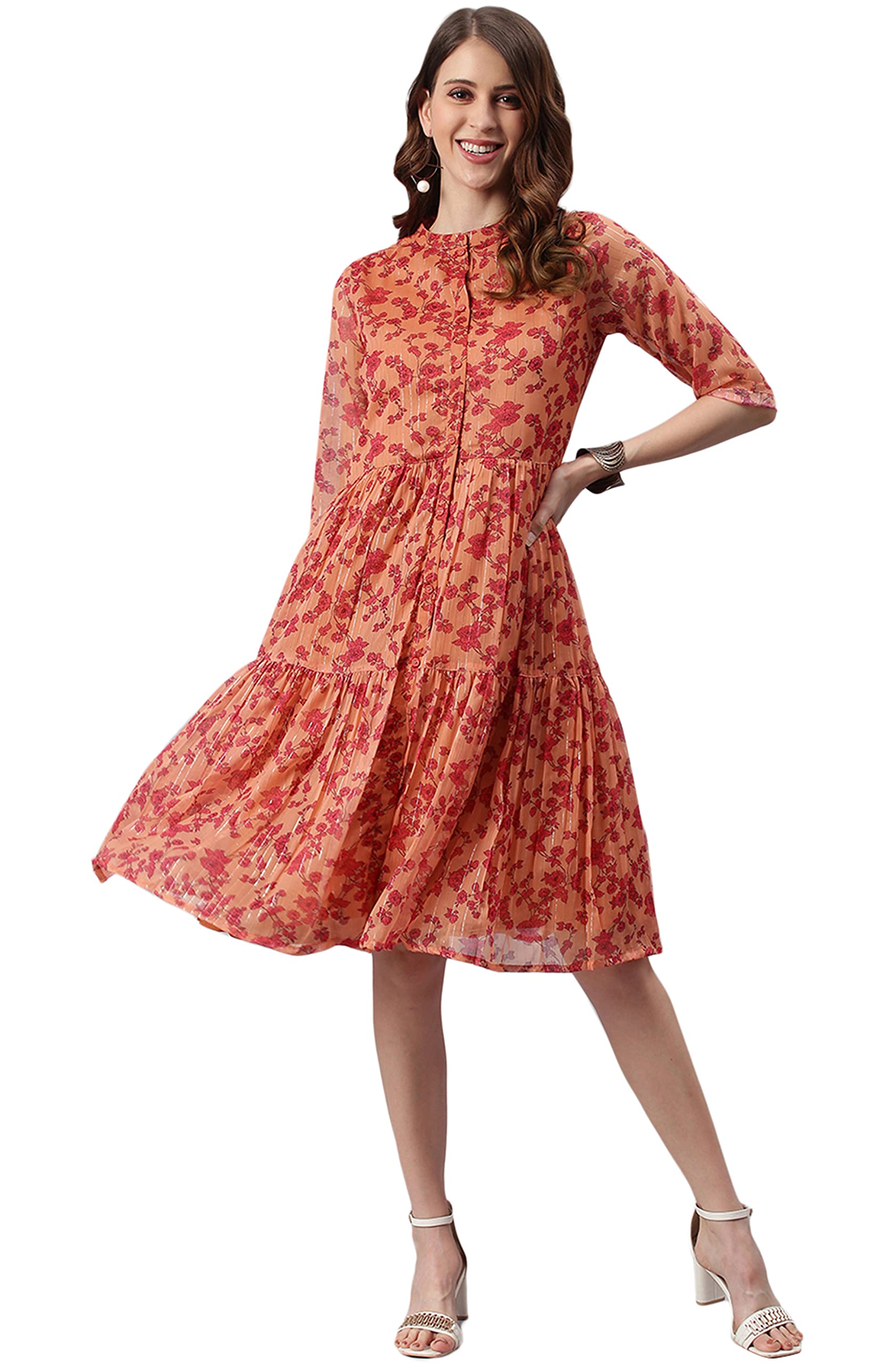 Janasya Indian Women's Orange Floral Printed Poly Georgette Western Dress for Party, Wedding & Festive Occasions