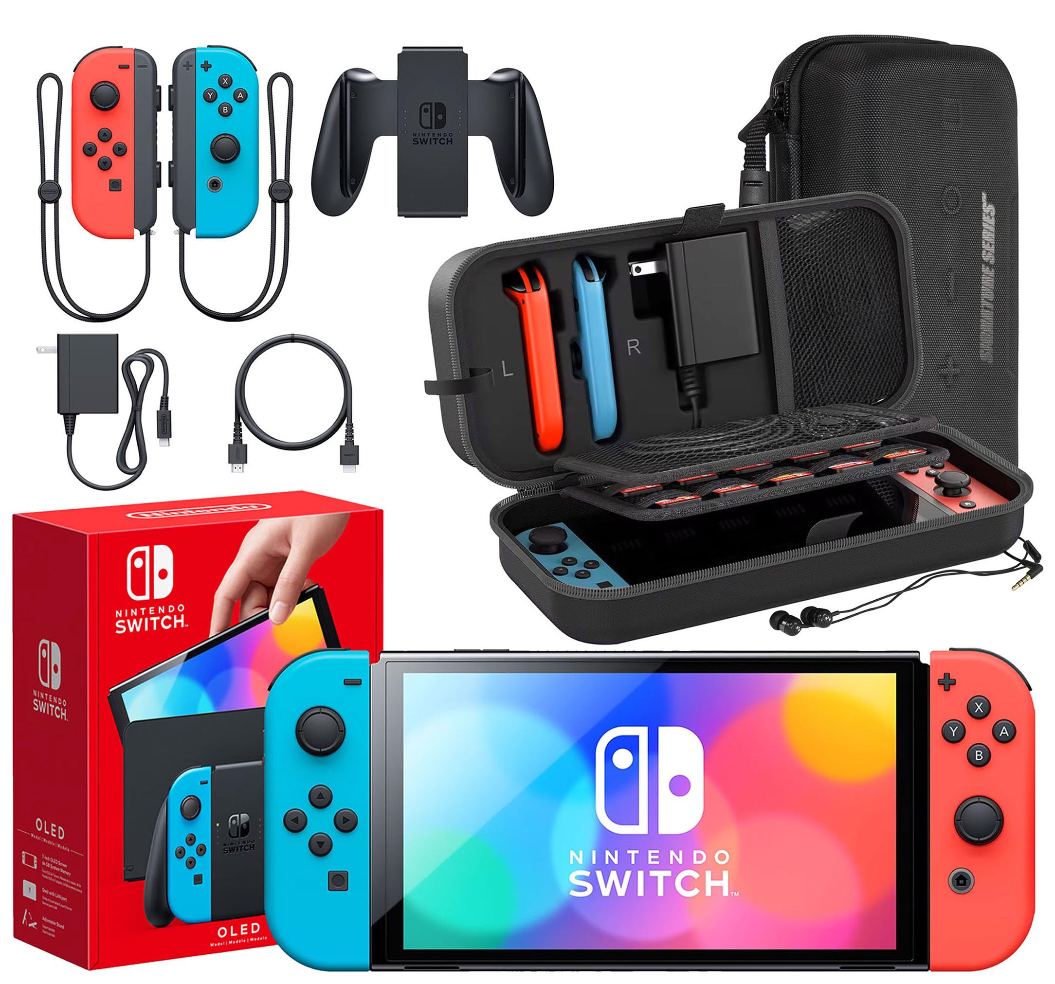 Nintendo Switch OLED Model (Neon Red/Blue) Bundle with Extra Joy-Con, Dock & Accessories | Includes Signature Series Case & Earphones | Perfect for Gaming on the Go, Travel & Family Entertainment