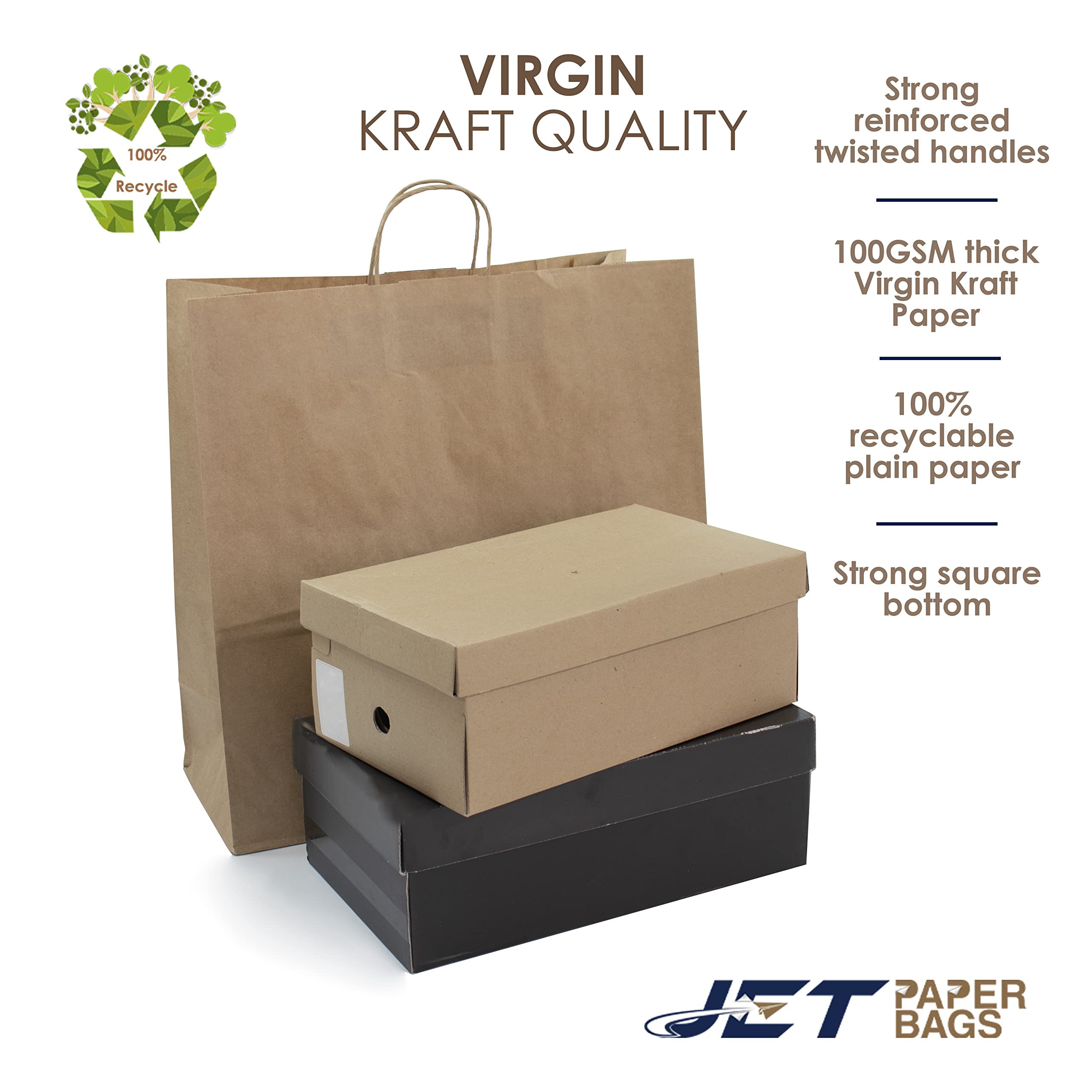 JET PAPER BAGS - 18x7x18 Inch [100 Pcs] Large Brown Kraft Paper Bags with Handles for Takeout, Grocery, Retail, Party, Wedding Gifts - Eco-Friendly Recyclable Gift Bags for Shopping, Packaging, and Events