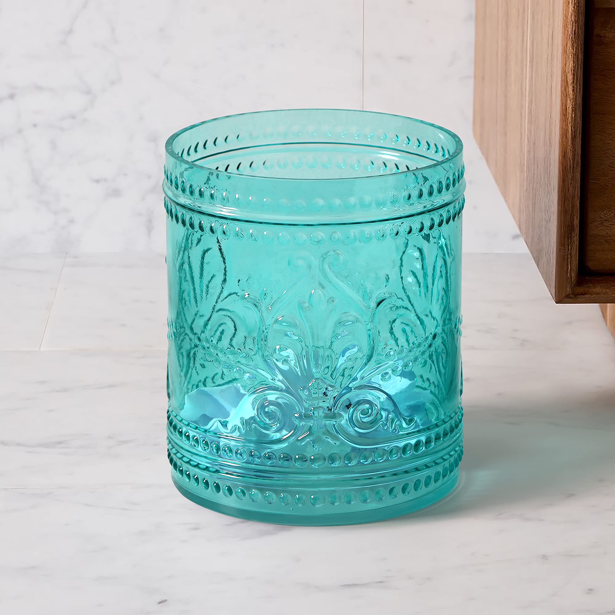 KMwares 2.6-Gallon Thick Glass Wastebasket - Durable Odor-Free Trash Can with Lid, Easy to Clean Decorative Bin for Kitchen, Bathroom, Office & Living Room - Stylish Teal Blue Home Decor Garbage Can