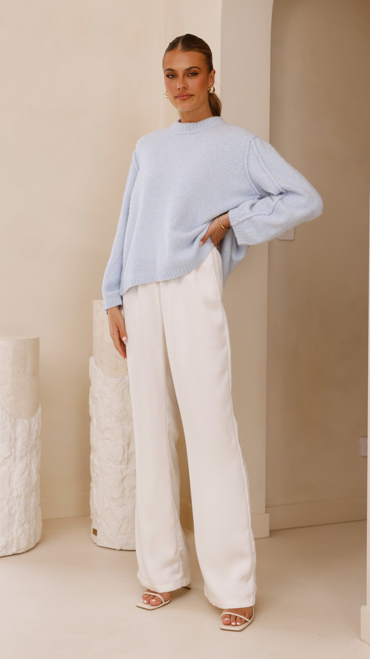 Ally Knit Sweater Women's Blue Crewneck Pullover - Perfect for Fall Fashion & Casual Outfits
