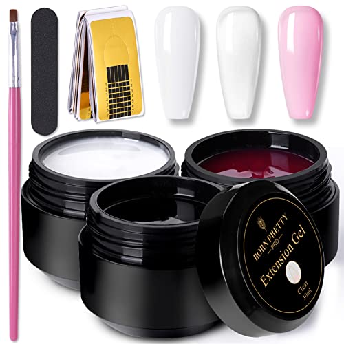 BORN PRETTY Builder Nail Gel - Clear Pink White 3 Colors Nail Extension Kit (1.01oz) with Nail Forms & Brush Tools for Stronger Nails | DIY Manicure Set for Home Salon, Nail Art & Professional Nail Care