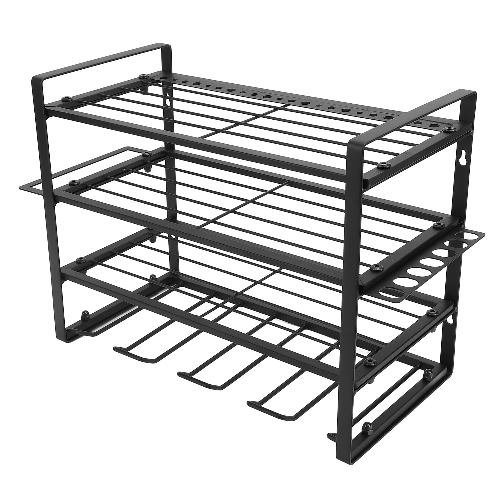4-Tier Heavy Duty Wall Mounted Tool Organizer - Matte Black Metal Shelf with Drill Holder & Screwdriver Rack | Garage Storage Solution for Power Tools, Hammers & Air Tools | Space-Saving Workshop Organization