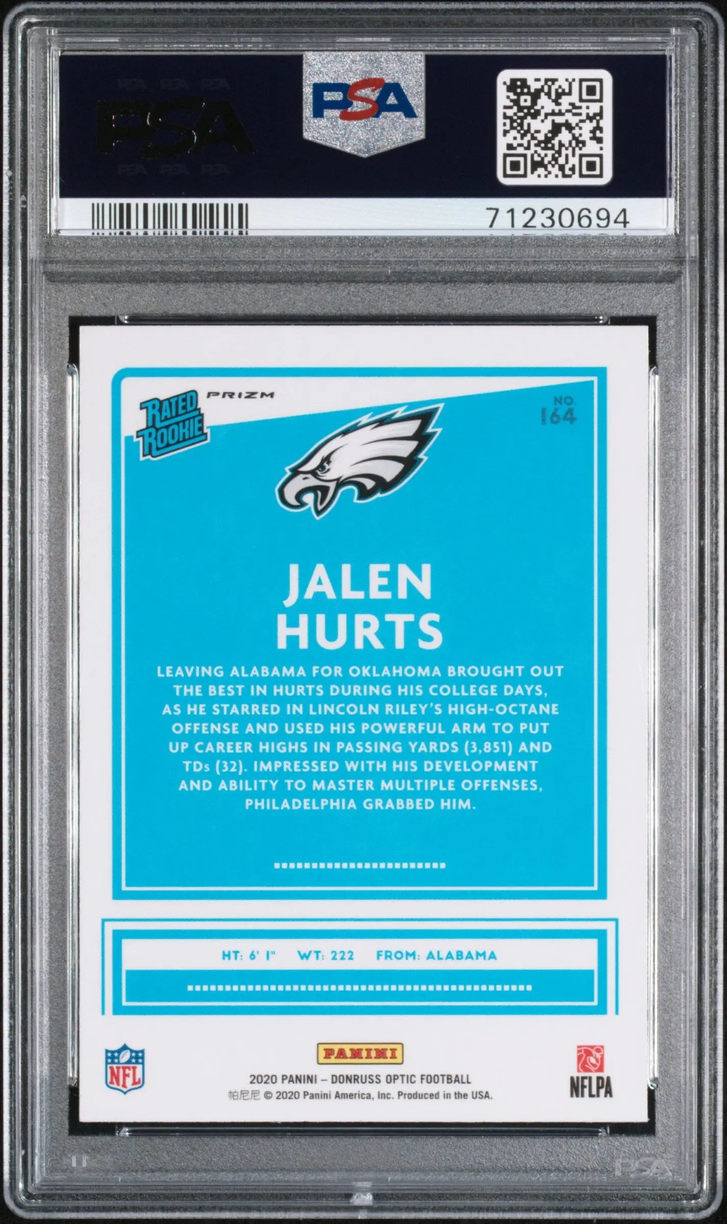 2020 Panini Donruss Optic Jalen Hurts Rated Rookie Bronze PSA 10 Gem Mint Football Card - Perfect for Collectors, Investors & Sports Memorabilia Displays