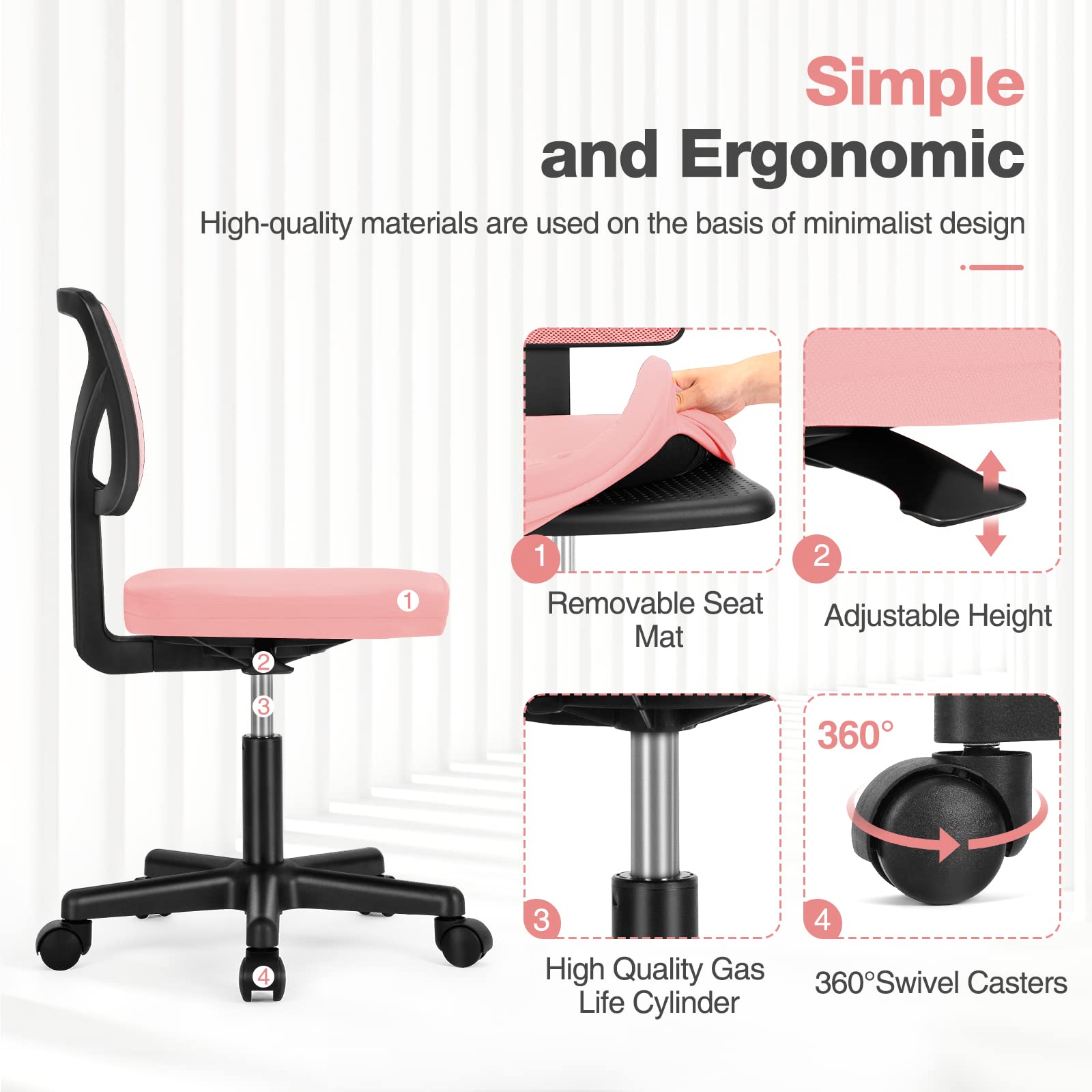 NEWBULIG Small Office Chair Armless with Wheels - Swivel Desk Chair with Lumbar Support & Height Adjustable - Ergonomic Computer Chair for Home Office, Study Room, Vanity & Small Spaces