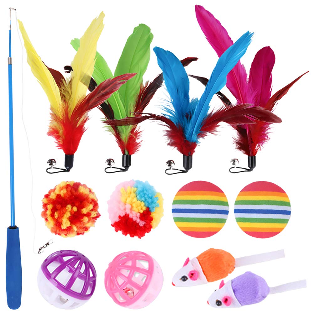 13Pcs Interactive Cat Toys Set with Feather Ball Rod - Fun Teaser Toys for Indoor Play & Exercise - Perfect for Kittens & Adult Cats