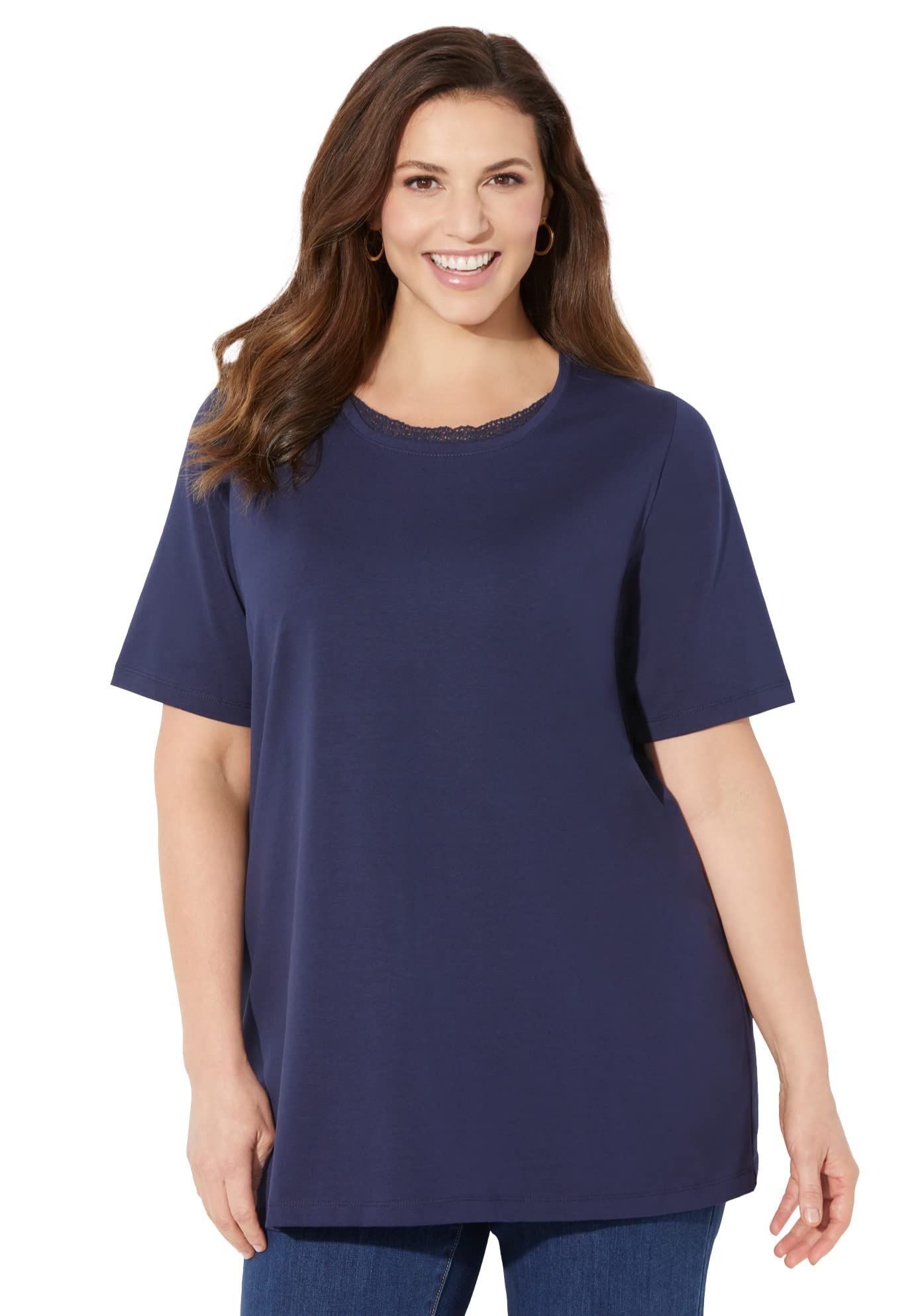 Catherine's Women's Plus Size Petite Suprema Crochet Trim Scoop Neck Blouse - Floral Lace Summer Top for Casual Wear & Office Outfits