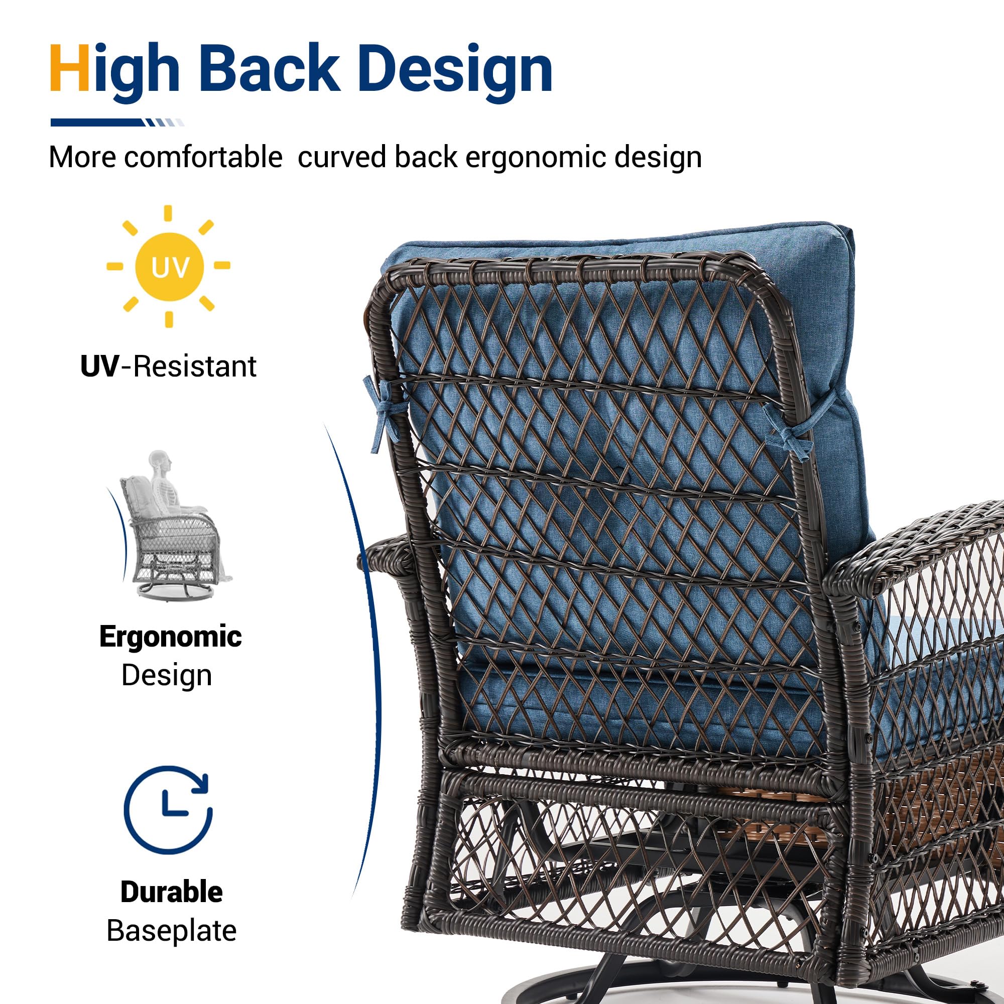 UDPATIO 3-Piece Outdoor Patio Furniture Set - 2 Swivel Rocking Chairs with Thick Cushions & Glass Coffee Table - All-Weather Wicker Glider Seating for Porch, Deck, Backyard, Garden (Blue) - Perfect for Relaxing, Entertaining Guests, and Enjoying Sunny Days