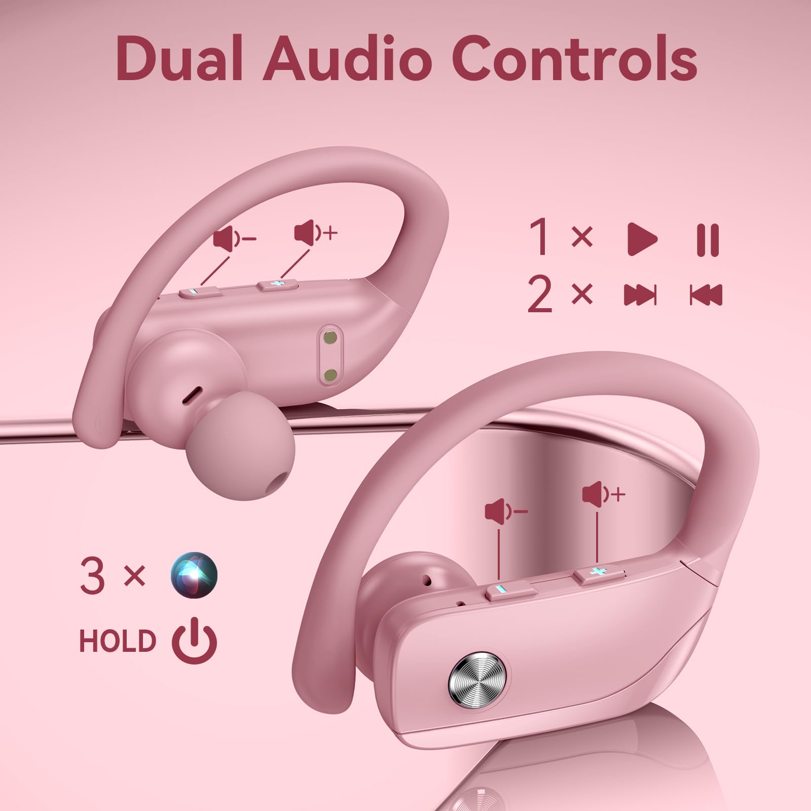 Bmani Wireless Bluetooth Earbuds with LED Display - 48H Playtime, Built-in Mic, Secure Earhooks - Perfect for Workouts, Running & Gym - Pink Sports Headphones