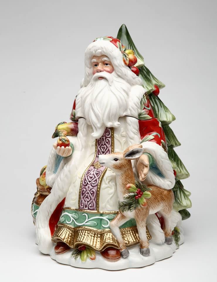 Fine Ceramic Victorian Harvest Santa Cookie Jar with Deer & Christmas Tree - 11.25 Inch Christmas Decor for Holiday Baking, Kitchen Storage & Festive Home Decor