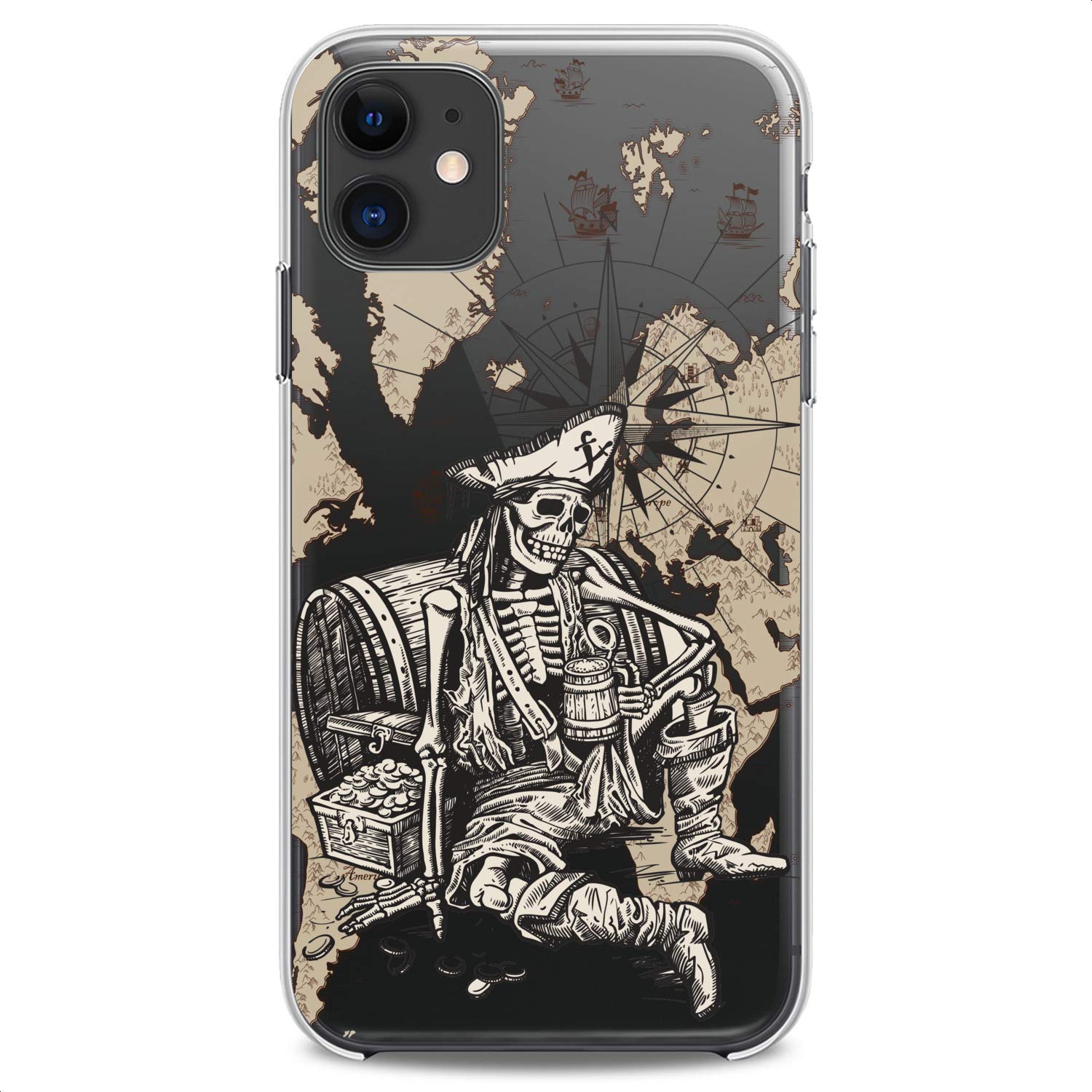 Premium TPU Phone Case for iPhone 16/15/14/13/12/11 Pro Max/Plus/Mini/XS/XR/X/8+/7/6/5/SE - Pirate Ghost Ocean Themed Clear Silicone Cover with Sea Map Print - Slim Flexible Protective Case for Travel & Adventure