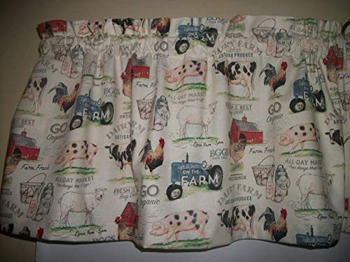 Organic Farm Animal Print Window Valance - Cow Pig Rooster Chicken Country Farmhouse Fabric Curtain Topper for Kitchen, Nursery & Rustic Home Decor