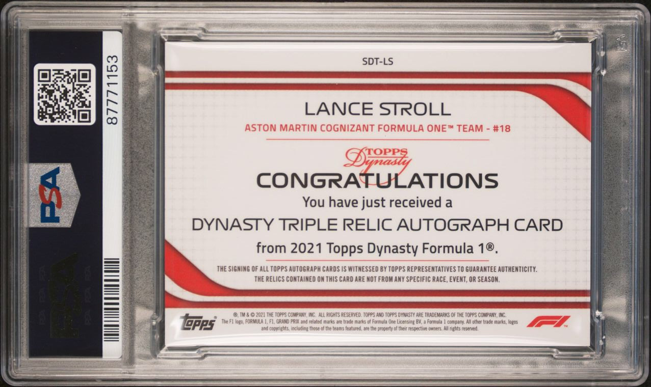 2021 Topps Dynasty Lance Stroll #SDT LS Triple Relic Autograph Patch Card - 2/2 Black - Perfect for F1 Collectors and Racing Memorabilia Displays