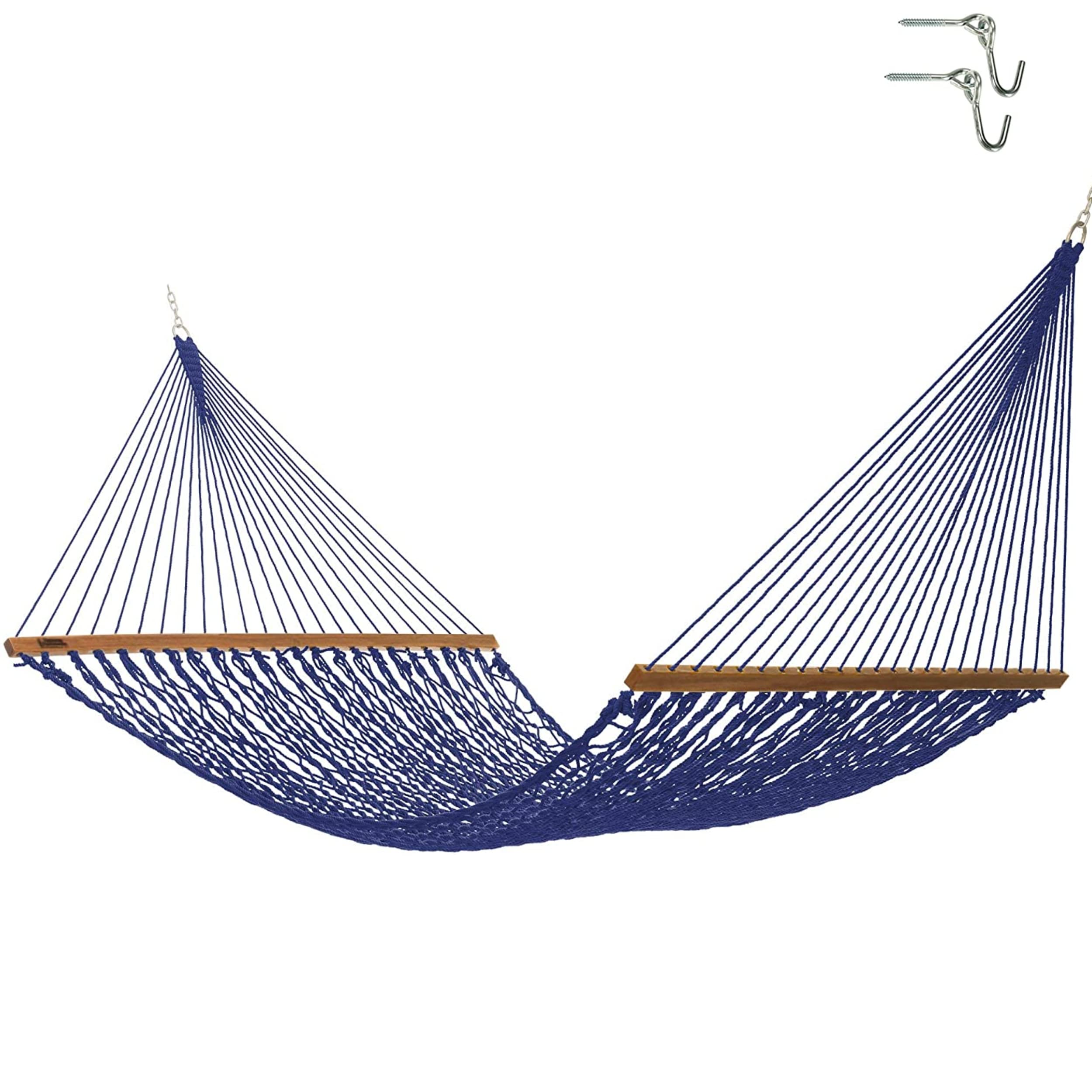 Premium Handcrafted Hatteras DC-15NV Navy Duracord Rope Hammock - 450 LB Capacity for 2 People - 13ft x 65in - Includes Free Extension Chains & Tree Hooks - Made in USA | Perfect for Backyard Relaxation, Camping & Beach Vacations