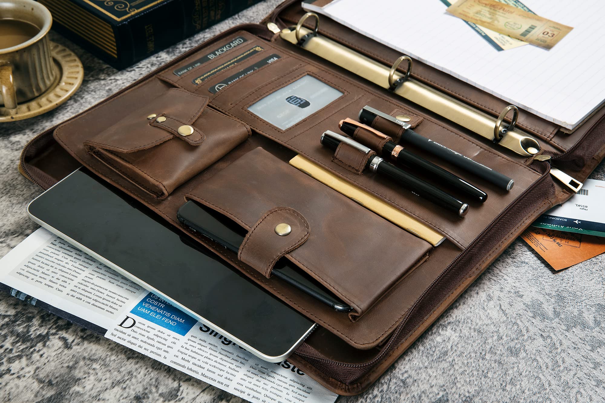 Premium Leather Portfolio with 3-Ring Binder - Personalized Zippered Executive Padfolio & Organizer - Custom Engraved Leather Folder for Men & Women (Dark Khaki) - Perfect for Business Meetings, Corporate Gifts & Professional Presentations