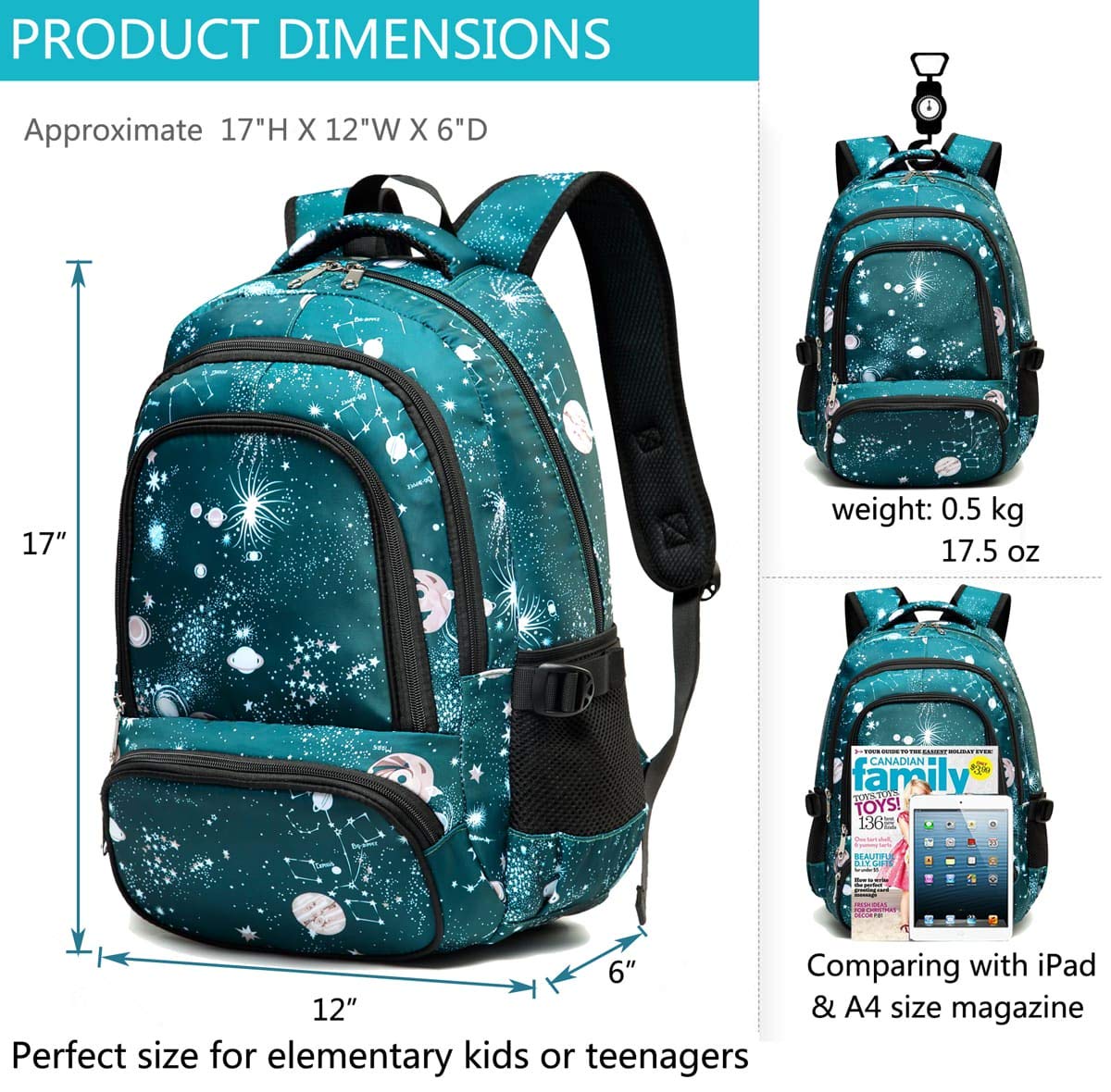 BLUEFAIRY Kids Backpack for Boys & Girls - Durable School Bookbag for Elementary, Middle & High School Students - Lightweight Backpack for Teens - Perfect Back to School Gift & Daily Use (Galaxy Cyan)
