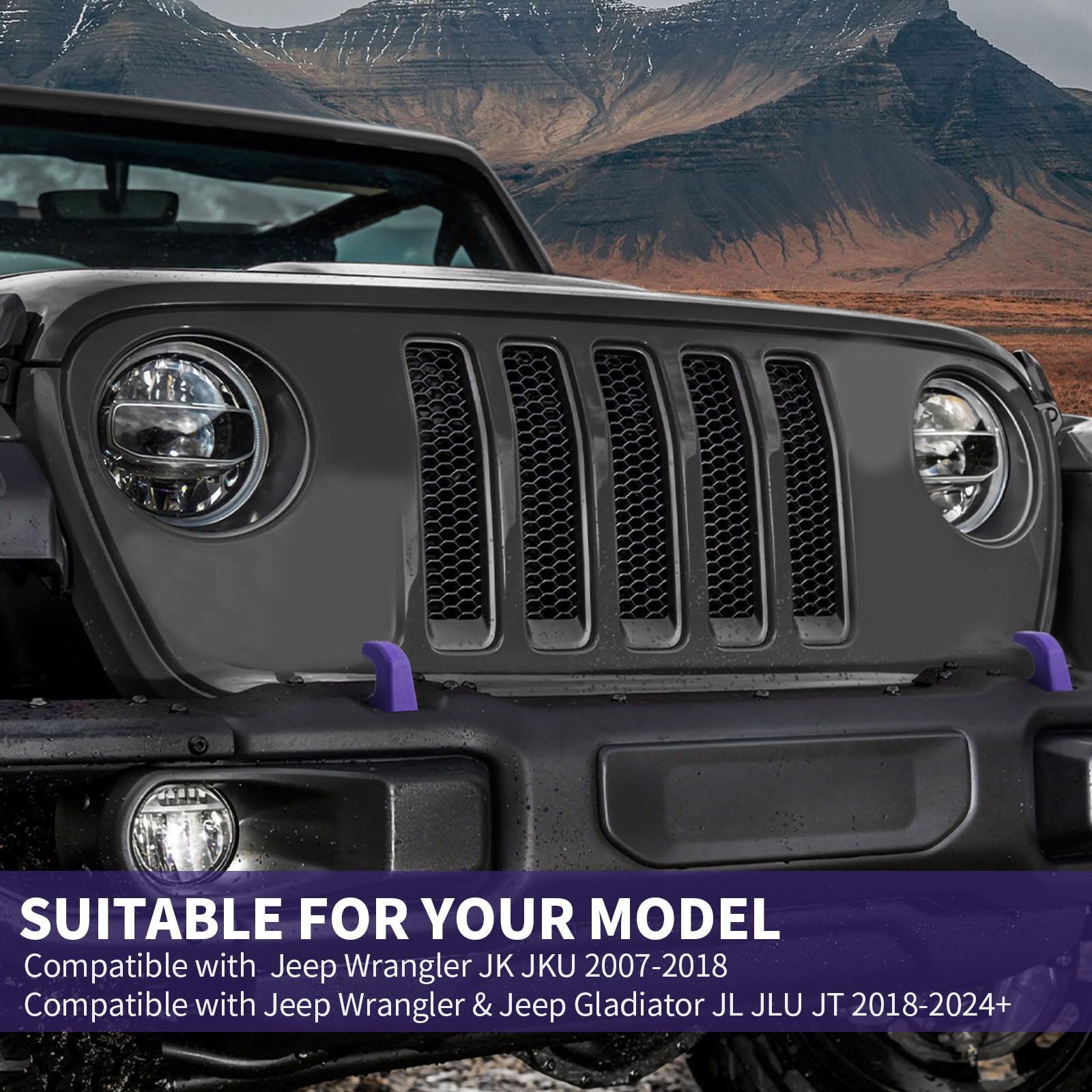 2Pcs Purple Bumper Tow Hook Covers Compatible with 2007-2018 Jeep Wrangler JK/JKU & 2018-2025 JL/JLU/Gladiator JT - Durable Exterior Accessories for Off-Road Protection & Style Enhancement