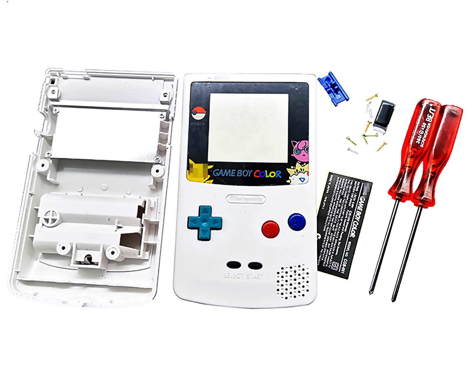 GBC Extra Shell Case, White Full Set for Game Boy Color Console - PKQ Edition (Outer Shell + Screen Protector, Screws, Buttons, Conductive Pads, Stickers) - Perfect for Game Boy Color Repair, Restoration & Customization Projects