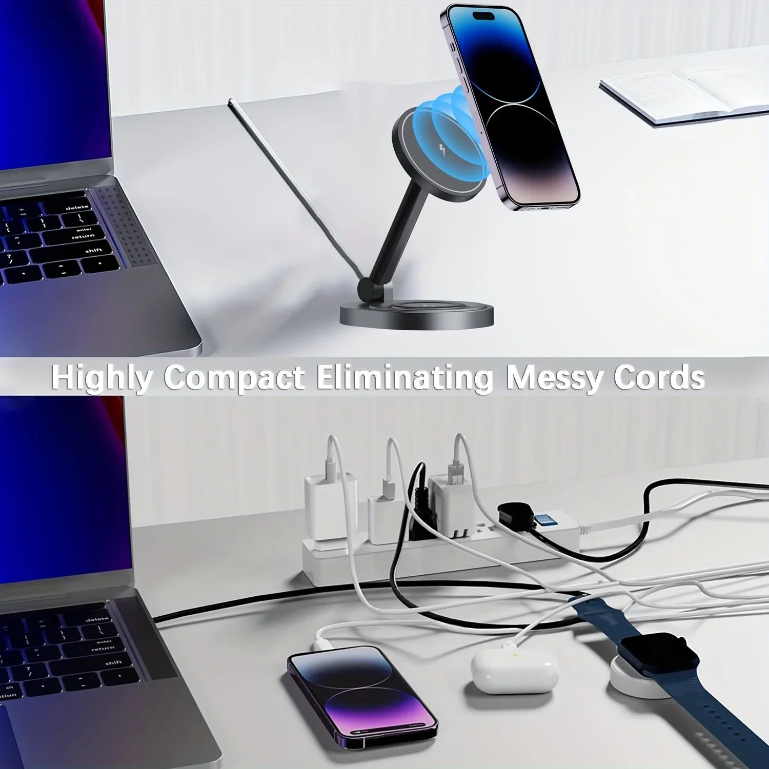 2 in 1 Wireless Charger Stand for iPhone & Android - Fast Charging Phone Holder with LED Indicator for Bedroom, Office & Car (Black)