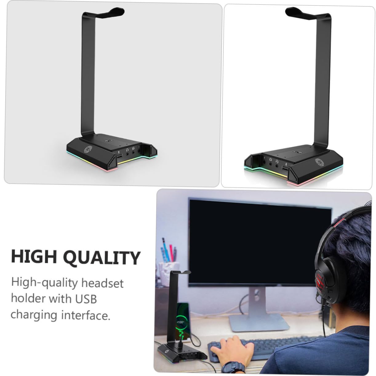 RGB Gaming Headset Stand with Hanger Hook - Universal Desktop Headphone Holder for Computer, PC, PS4, PS5 - Durable ABS Earphone Stand for Office, Gaming Setup & Home Use