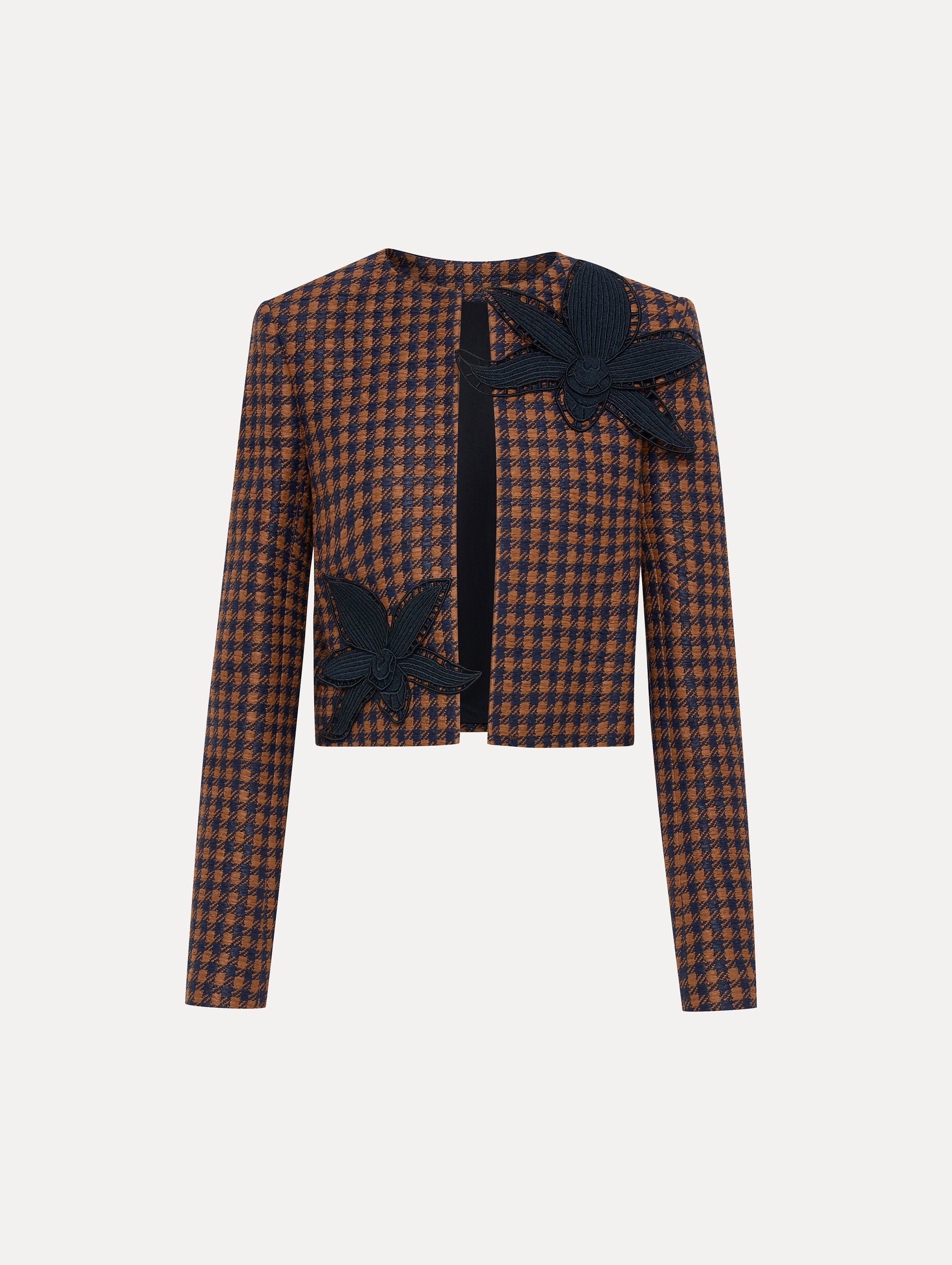 Elegant Tweed Orchid Embroidered Jacket for Women - Vintage Floral Blazer Coat for Office, Party & Special Occasions