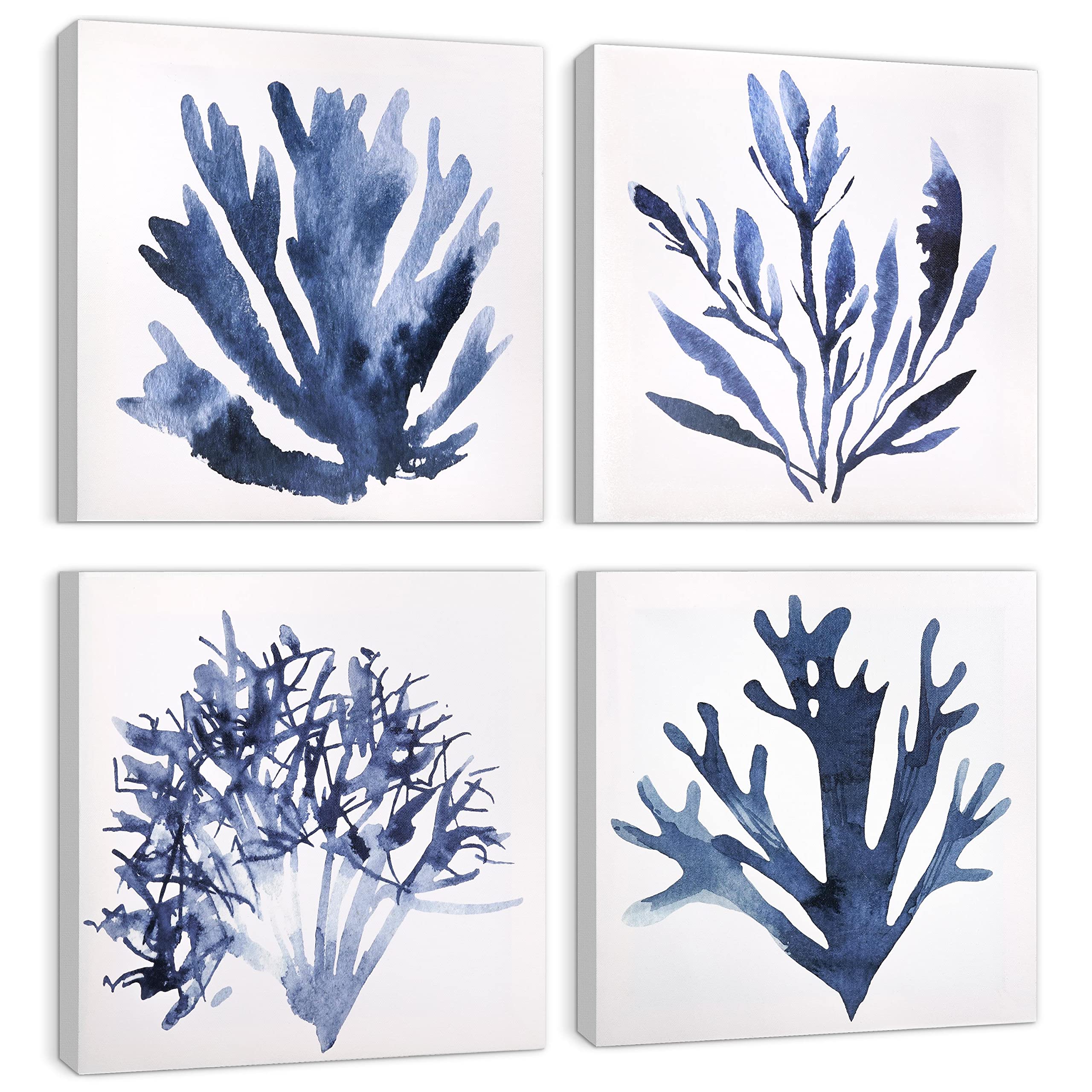 ArtbyHannah 4-Pack Blue Bathroom Wall Art Set - 12x12 Inch Navy Blue Coastal Ocean Coral Beach Canvas Prints for Bathroom Decor | Perfect for Coastal-Themed Bathrooms, Beach Houses & Nautical Home Decor