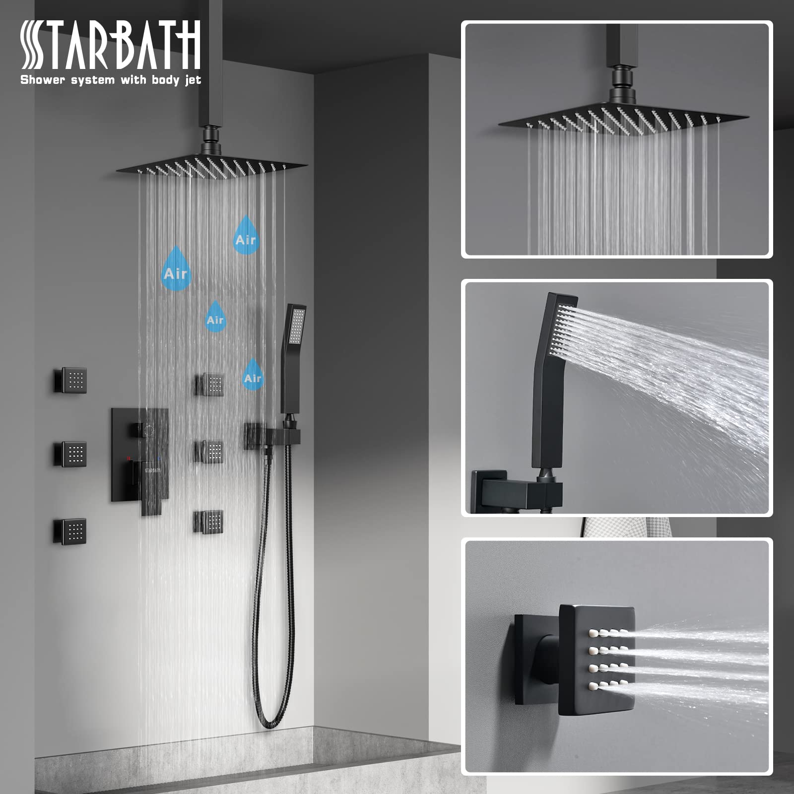 STARBATH 12 Inch Black Wall Mount Rainfall Shower System with Handheld Spray - Ceiling Mount Shower Jets, Mixer Valve Combo Set for Luxurious Bathroom Experience - Perfect for Spa, Master Bath & Modern Home Renovation