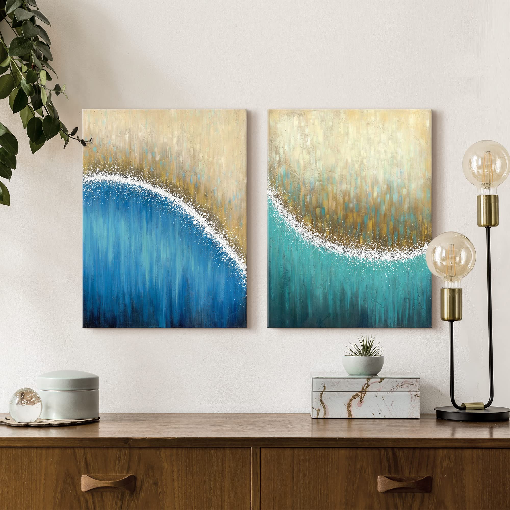 Blue Abstract Wave Canvas Art - Modern Silver Foil Wall Decor for Bathroom & Office