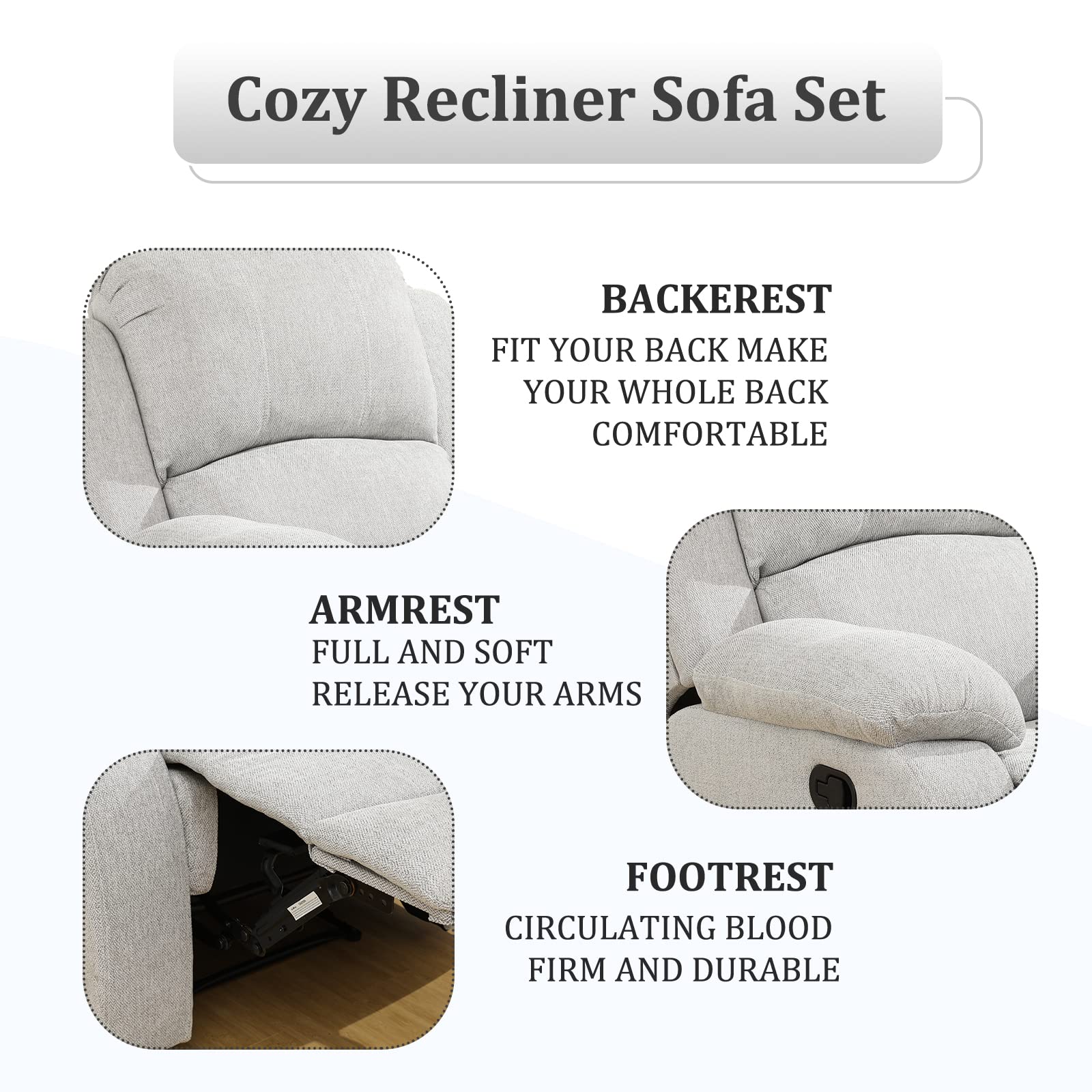 Premium 3-Piece Recliner Sofa Set - Soft Microfiber Fabric, Manual Reclining Mechanism, Grey White - Modern Living Room Furniture for Relaxation & Entertainment Spaces
