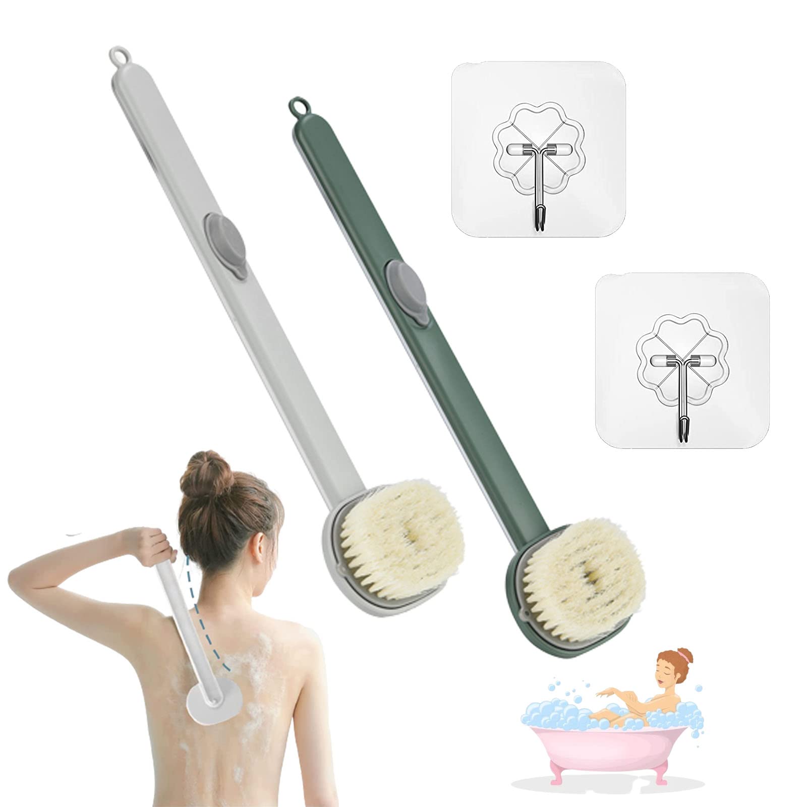 Long Handle Bath Brush with Detachable Head - Exfoliating Back Scrubber for Shower & Bath - Ergonomic Body Brush with Hook (Green & Gray) - Perfect for Hard-to-Reach Areas & Deep Cleansing
