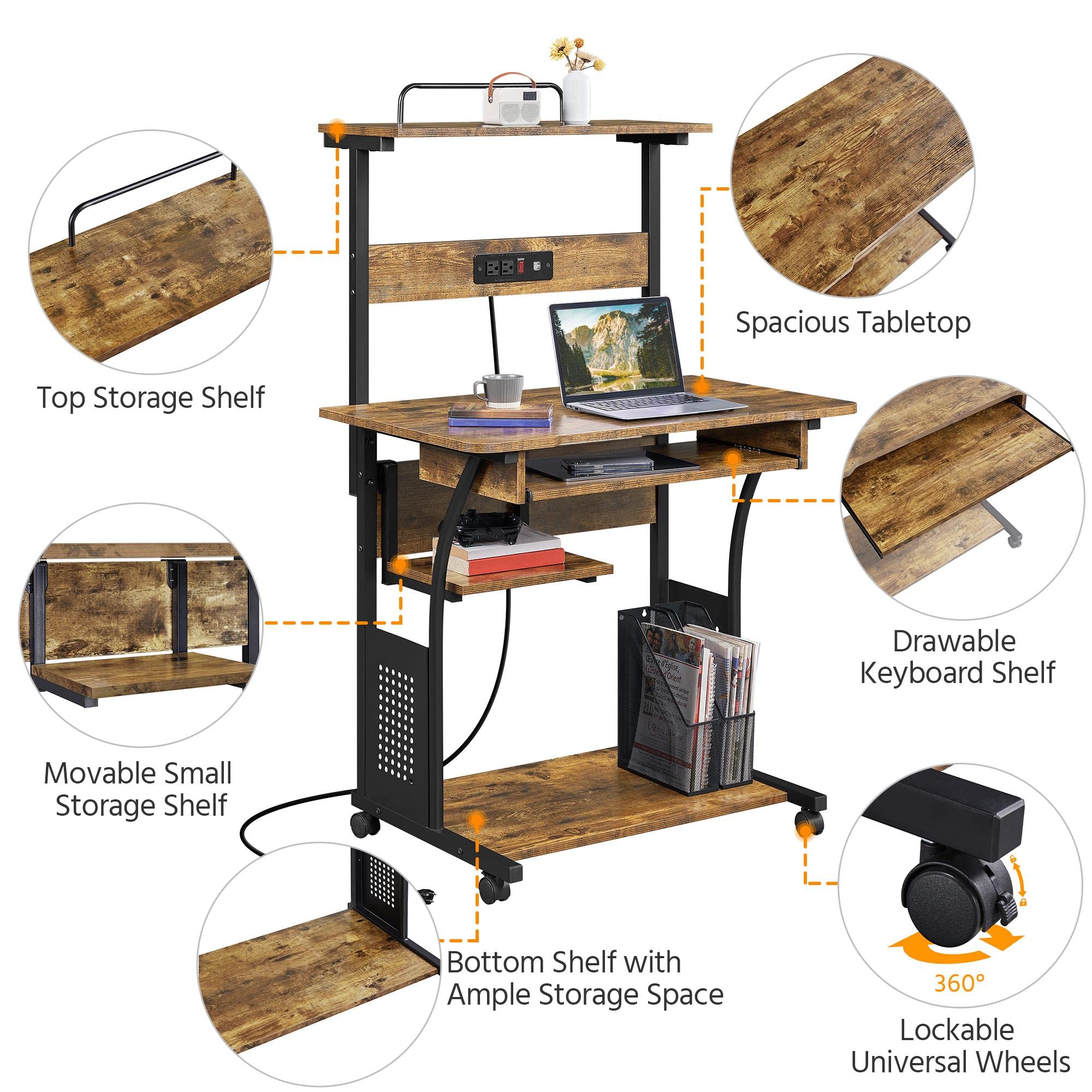 Yaheetech 3-Tier Mobile Computer Desk with Wheels - Rolling Home Office Workstation with Charging Station, Keyboard Tray, Power Outlet & USB Ports - Perfect for Small Spaces, Dorm Rooms & Home Office Setup (Rustic Brown)