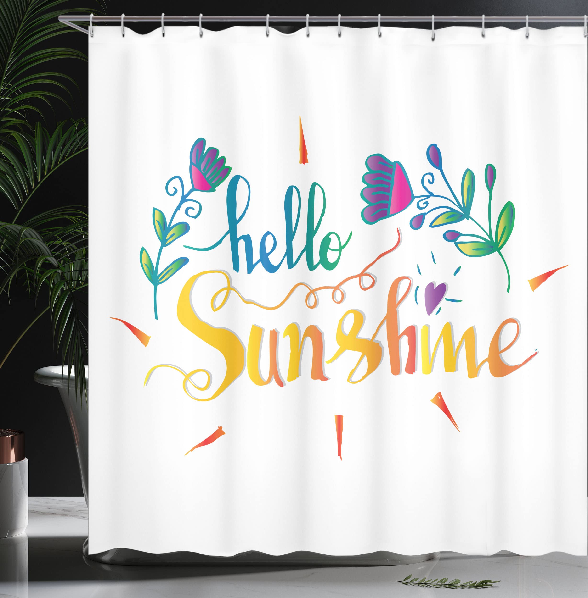 Ambesonne Hello Sunshine Shower Curtain - Floral Cursive Text & Heart Doodle Spring Design, 105