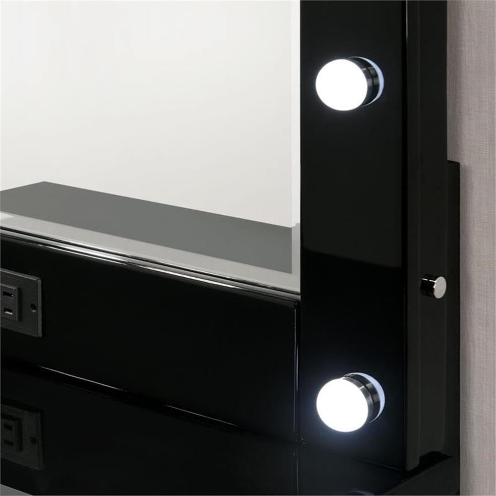 Furniture of America Lita Contemporary Wood Vanity Mirror with LED Bulbs - Black Modern Dressing Mirror for Bedroom & Bathroom Makeup Station
