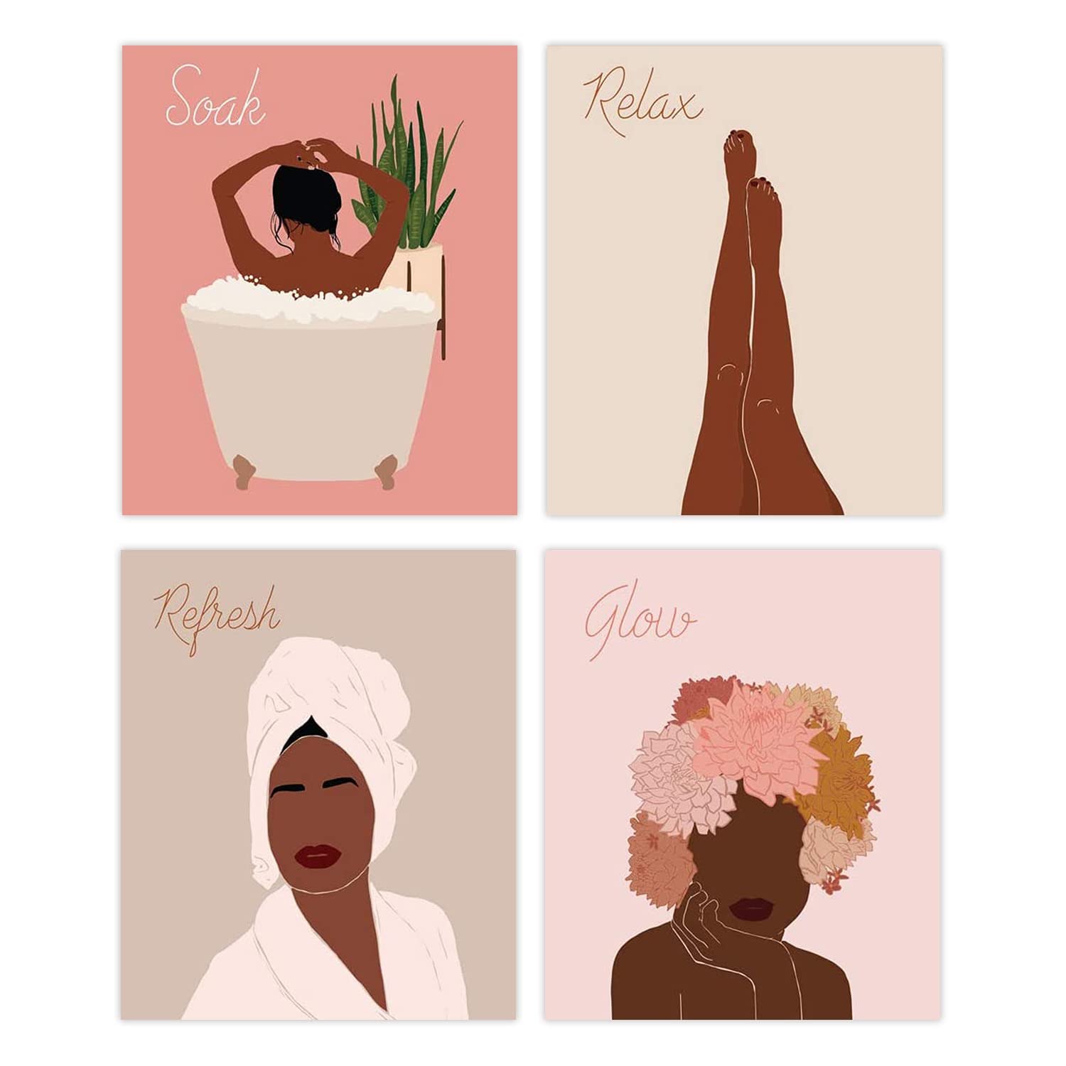 MARIA Bathroom Wall Decor - Set of 4 Unframed African American Wall Art Prints, Minimalist Pink Bathroom Decor for Women, Black Art Wall Decor Gift (8x10 inches) - Perfect for Bathroom, Bedroom, Office or Living Room Wall Decoration