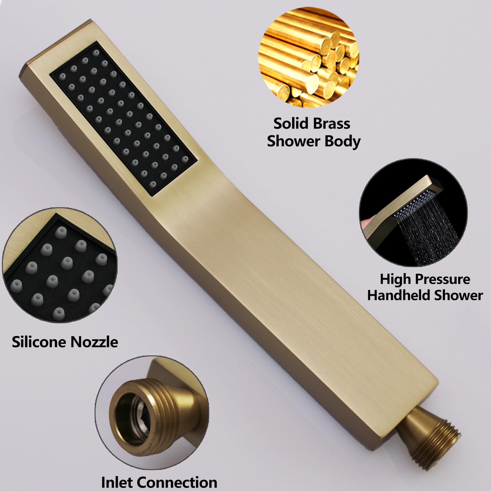 Premium Brushed Gold Handheld Shower Head Set - Solid Brass Square Shower Wand with Adjustable Wall Mount Holder & Hose - Perfect for Bathroom Renovation, Spa-Like Experience, and Pet Washing