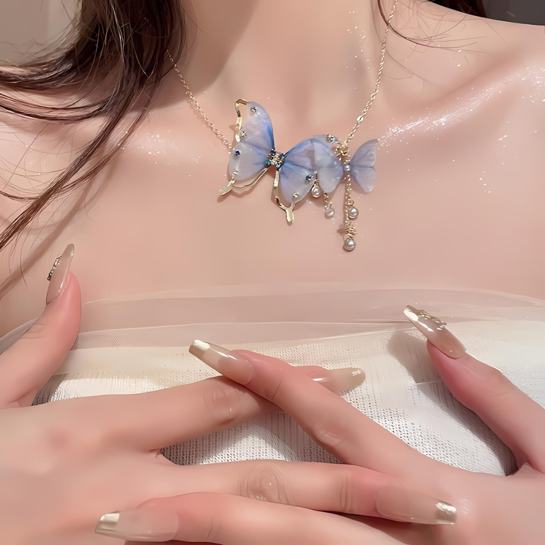 Elegant Pink Butterfly Tassel Lariat Y Necklace with Pearl Accents | Dainty Boho Jewelry for Women | Perfect for Parties, Weddings & Date Nights | HN3246