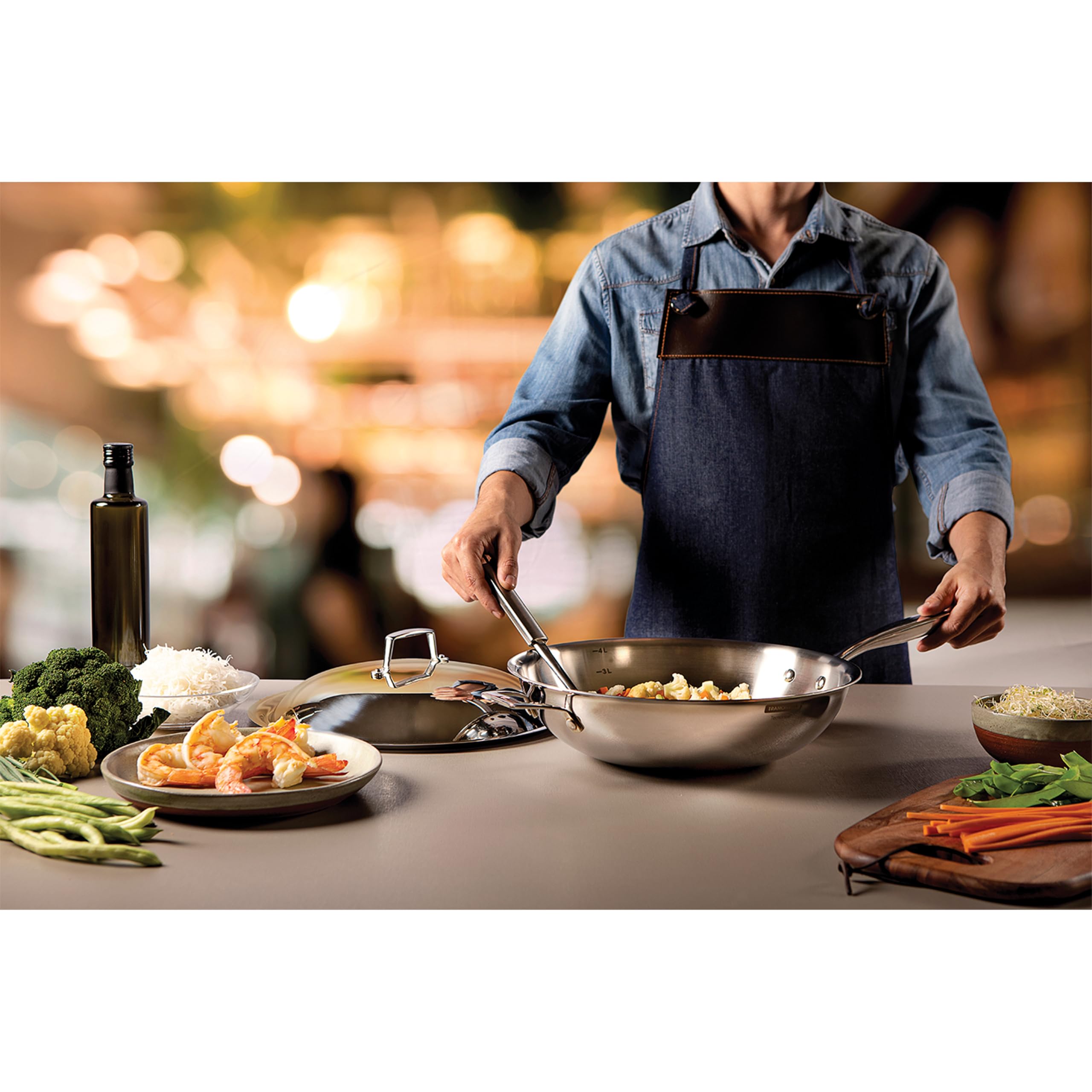 TRAMONTINA 12.6 Inch Stainless Steel Wok Pan with Lid - 3-Layer Induction Compatible Cookware for Stir Fry, Sauté & Deep Frying - Dishwasher Safe, Gas & Induction Stove Friendly - Perfect for Asian Cuisine & Home Cooking