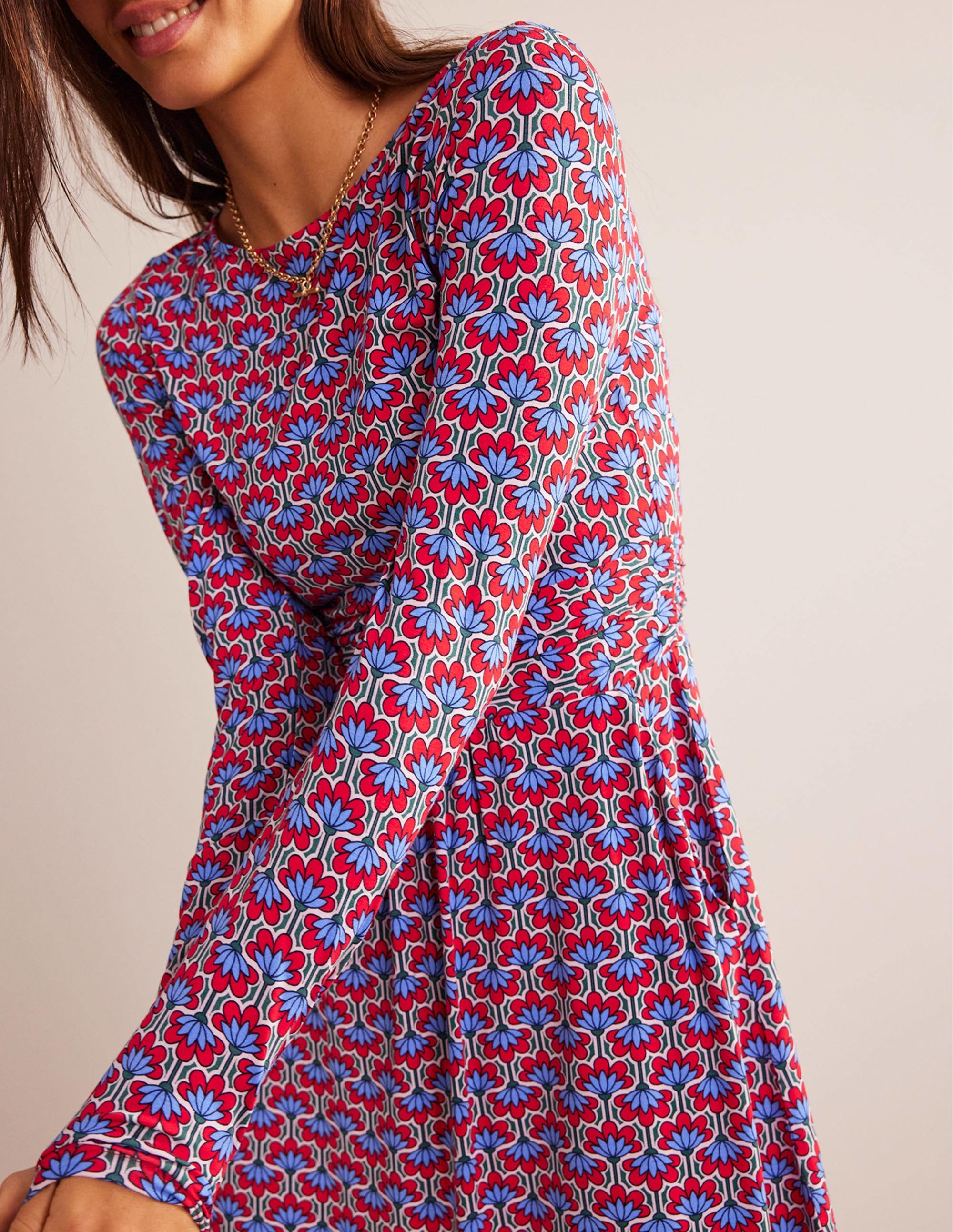 Abigail Jersey Dress in Hot Pepper & Geo Petal Print - Perfect for Summer Outings, Beach Vacations & Casual Date Nights