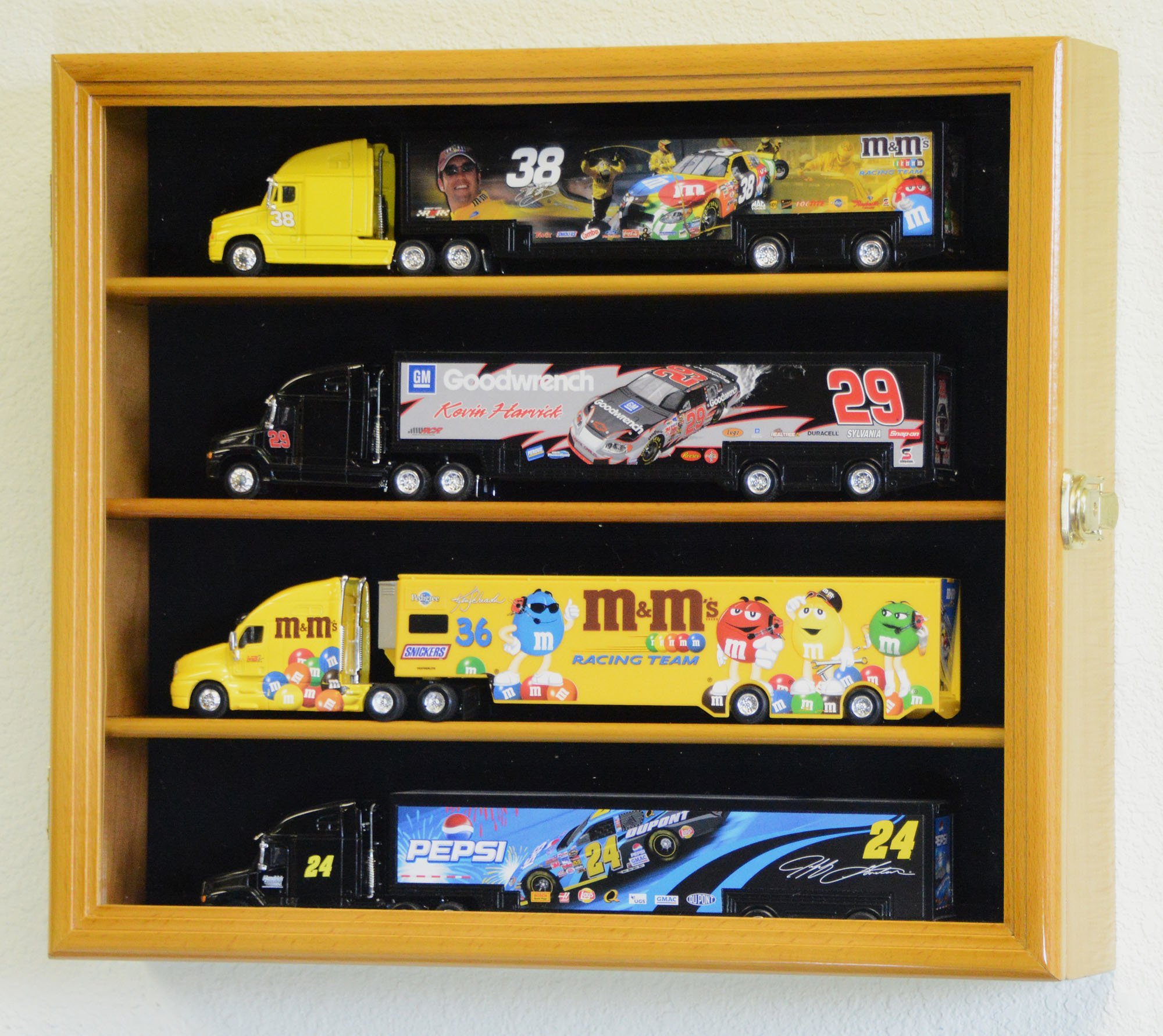 1:64 Scale Hot Wheels Semi Big Rig Trailer Truck Display Case Cabinet - Holds 4 Diecast Cars - Oak Finish - Perfect for Collectors & Toy Car Storage - Home Office & Bedroom Decor