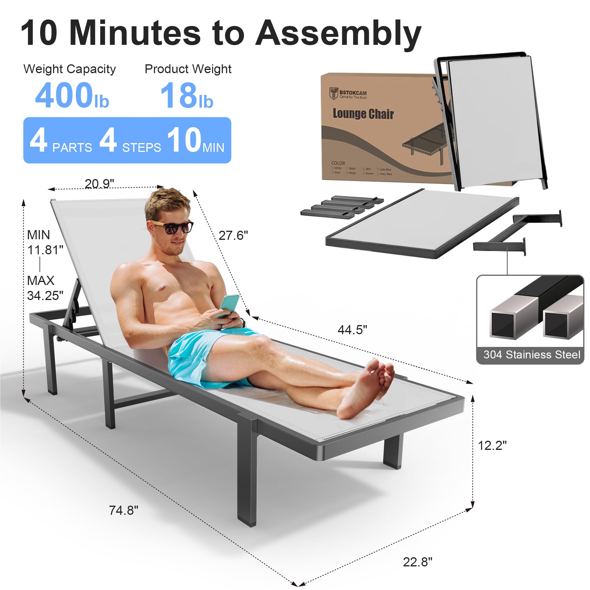 Adjustable Outdoor Lounge Chair 0-60° Reclining - Weather-Resistant Aluminum Tanning Chaise for Patio, Pool & Beach - Perfect for Sunbathing, Relaxing & Outdoor Lounging - White