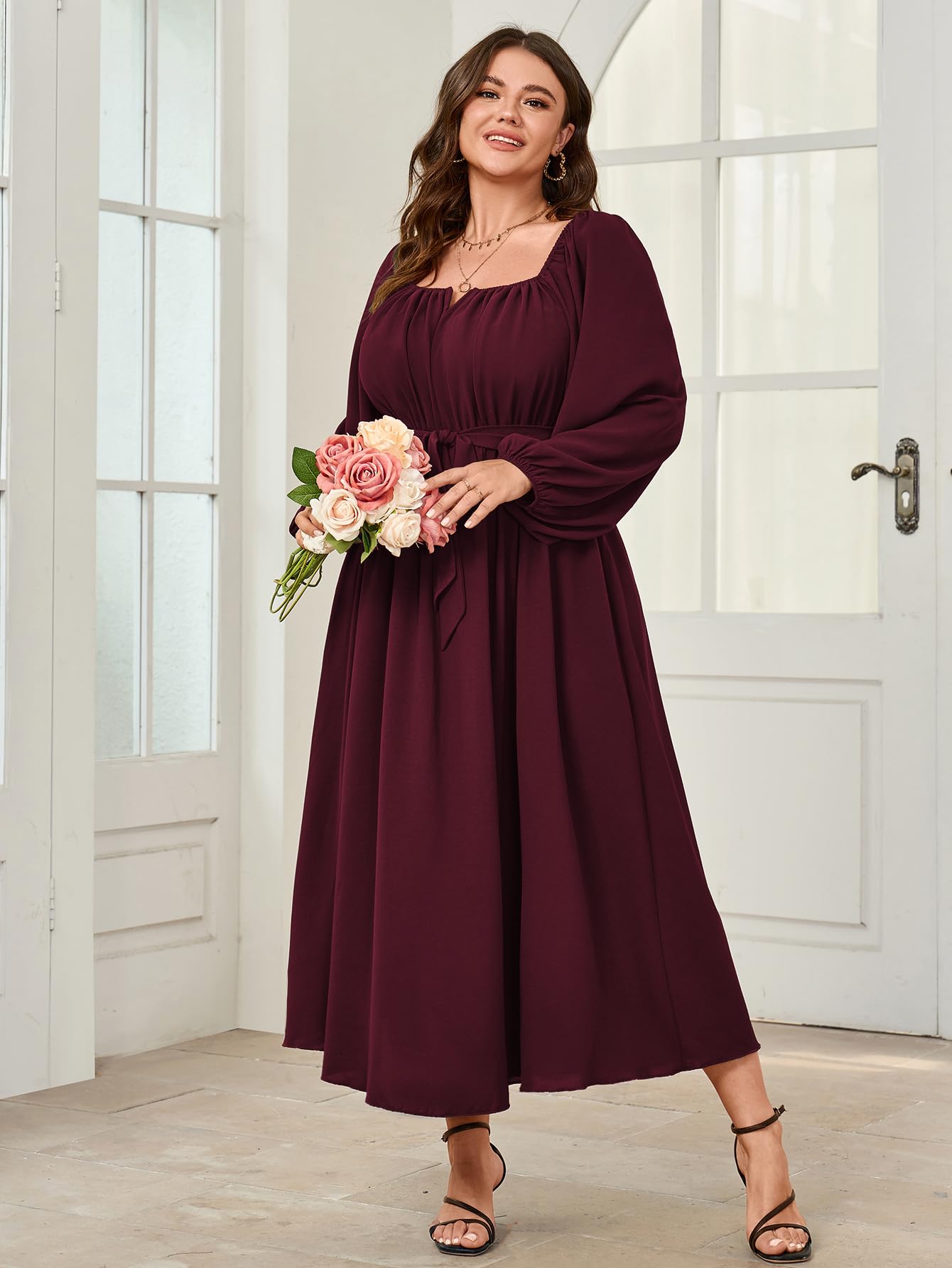 Elegant Plus Size Maxi Dress for Women - Long Sleeve Square Neck Wedding Guest Cocktail Dress with Belt, Flowy A-Line Design | Perfect for Weddings, Parties & Special Occasions