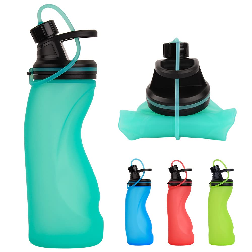 Collapsible Water Bottle BPA Free - 17oz Foldable Leak Proof Sports Water Bottle for Travel, Hiking, Gym & Outdoor Activities | Lightweight & Durable (Upgraded Aqua Blue)