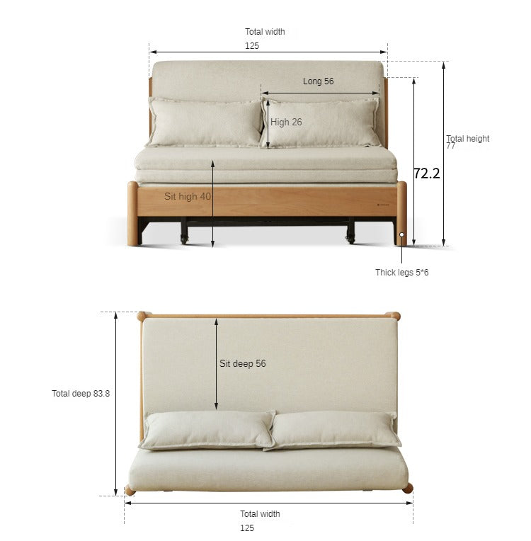 Solid Beech Wood Sofa Bed - Convertible Sleeper Sofa for Small Spaces, Guest Room & Living Room - Comfortable & Space-Saving Furniture
