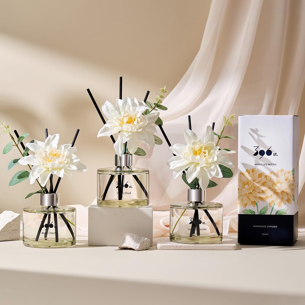 396 St. Dahlia Flower Reed Diffuser Set - Baby Powder Scent (Refreshing Air Fragrance) 200ml/6.7oz - Aromatherapy Essential Oils for Home, Bathroom & Office Decor - Perfect for Relaxation, Stress Relief & Creating Cozy Atmosphere