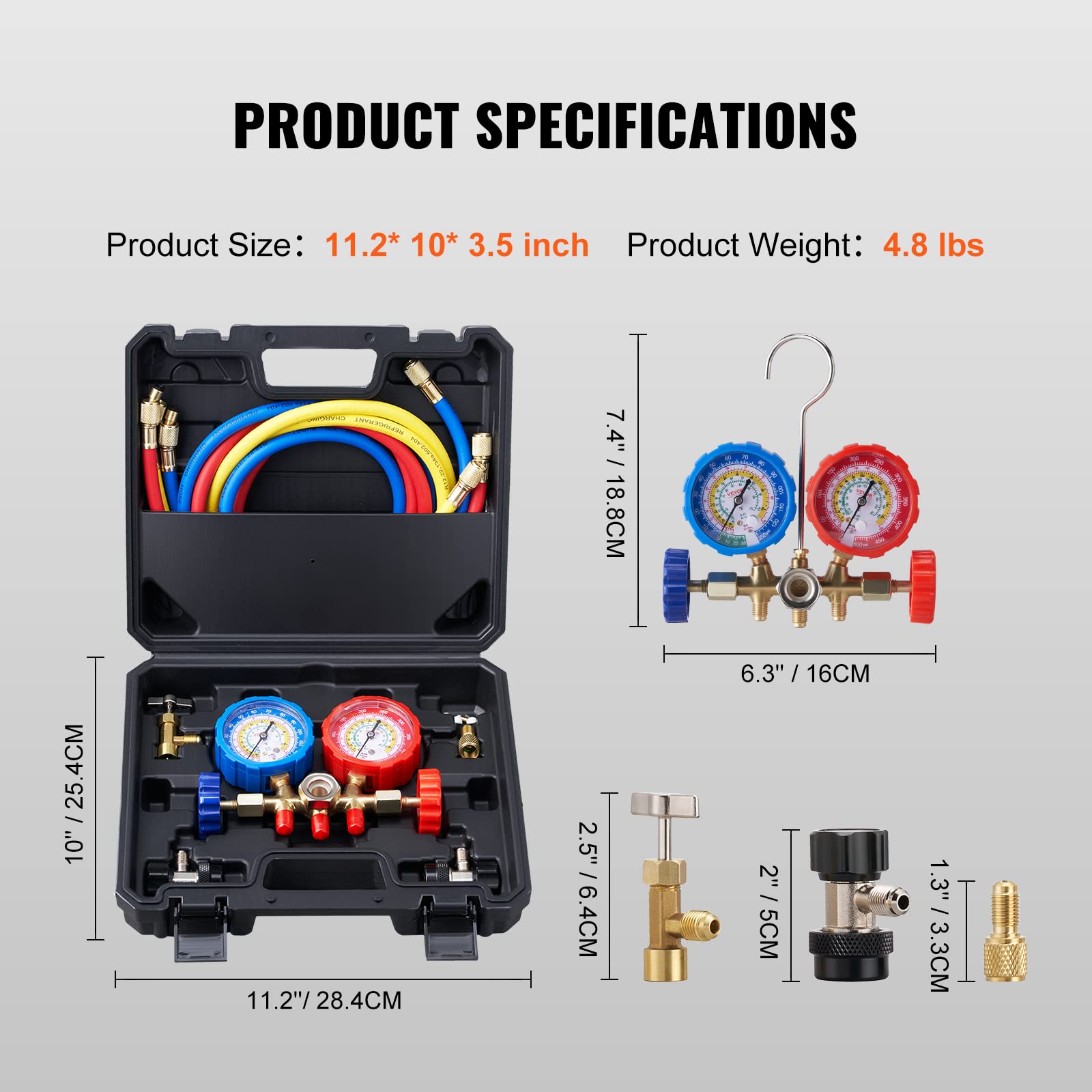 VEVOR 3-Way AC Manifold Gauge Set for R134A R22 R12 R502 Refrigerant - Professional Automotive Freon Charging Kit with 5ft Hoses, Couplers & Can Tap - Perfect for Car AC Repair, Maintenance and Evacuation