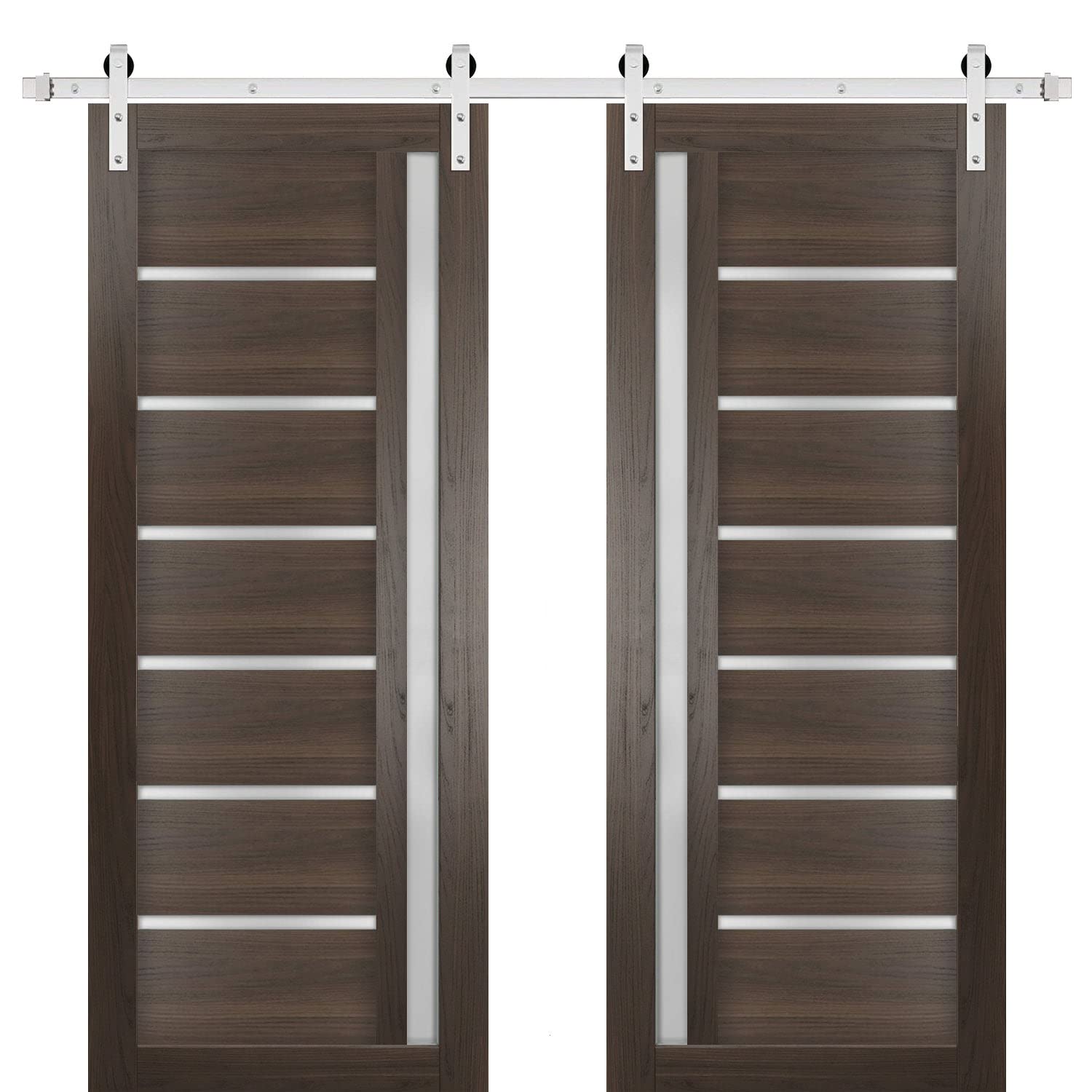SARTODOORS 36 x 80 Inch Solid Wood Double Barn Door with Frosted Glass - Quadro 4088 Chocolate Ash Finish & 13FT Stainless Steel Rail Hangers | Heavy Duty Interior Sliding Doors for Bedroom, Closet, or Living Room Partition