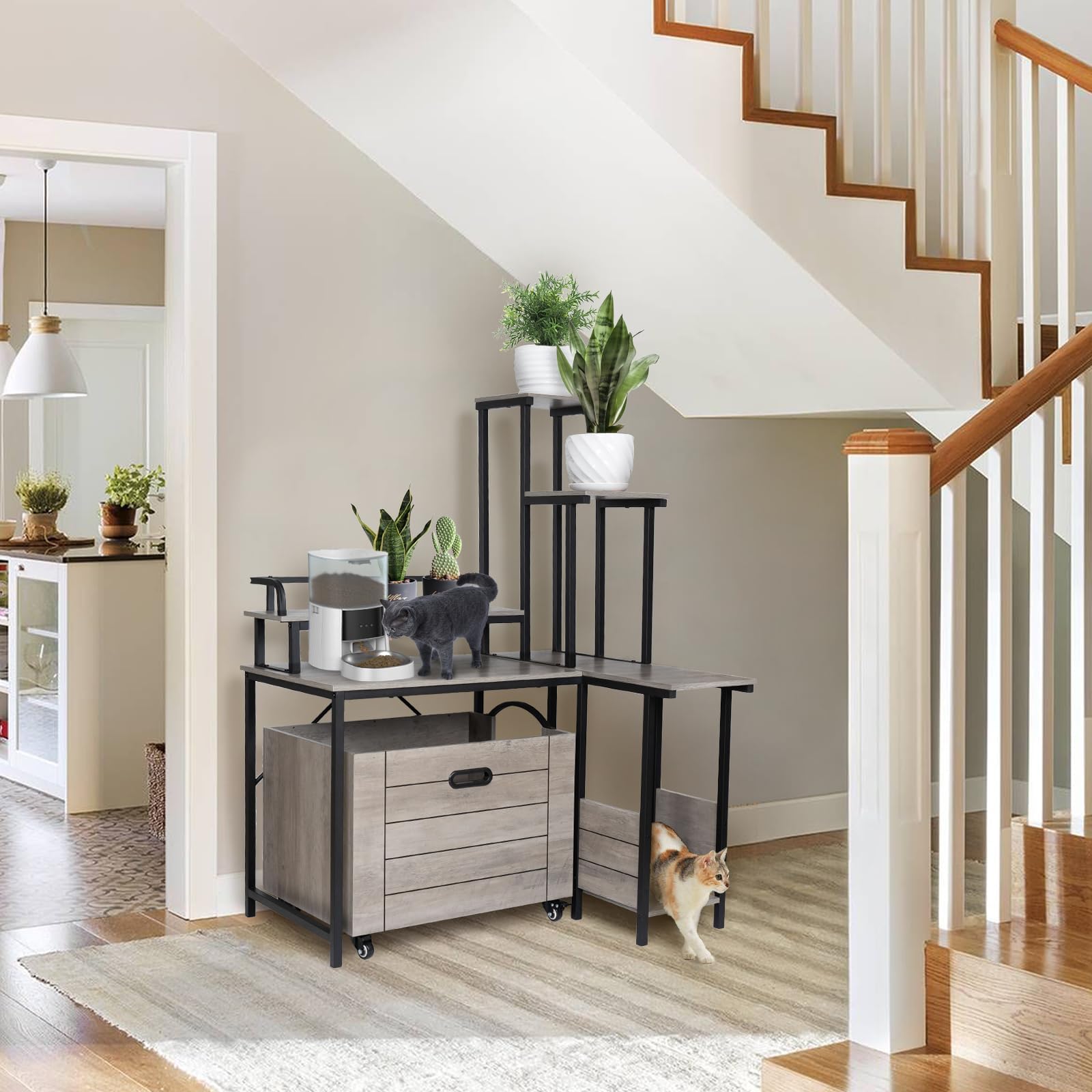 IDEALHOUSE 2024 Hidden Cat Litter Box Furniture - Wooden Enclosure with Pull-Out Tray, Flower Stand & Corner Plant Shelf | Discreet Pet Washroom for Home Decor | Perfect for Small Spaces & Modern Living Rooms