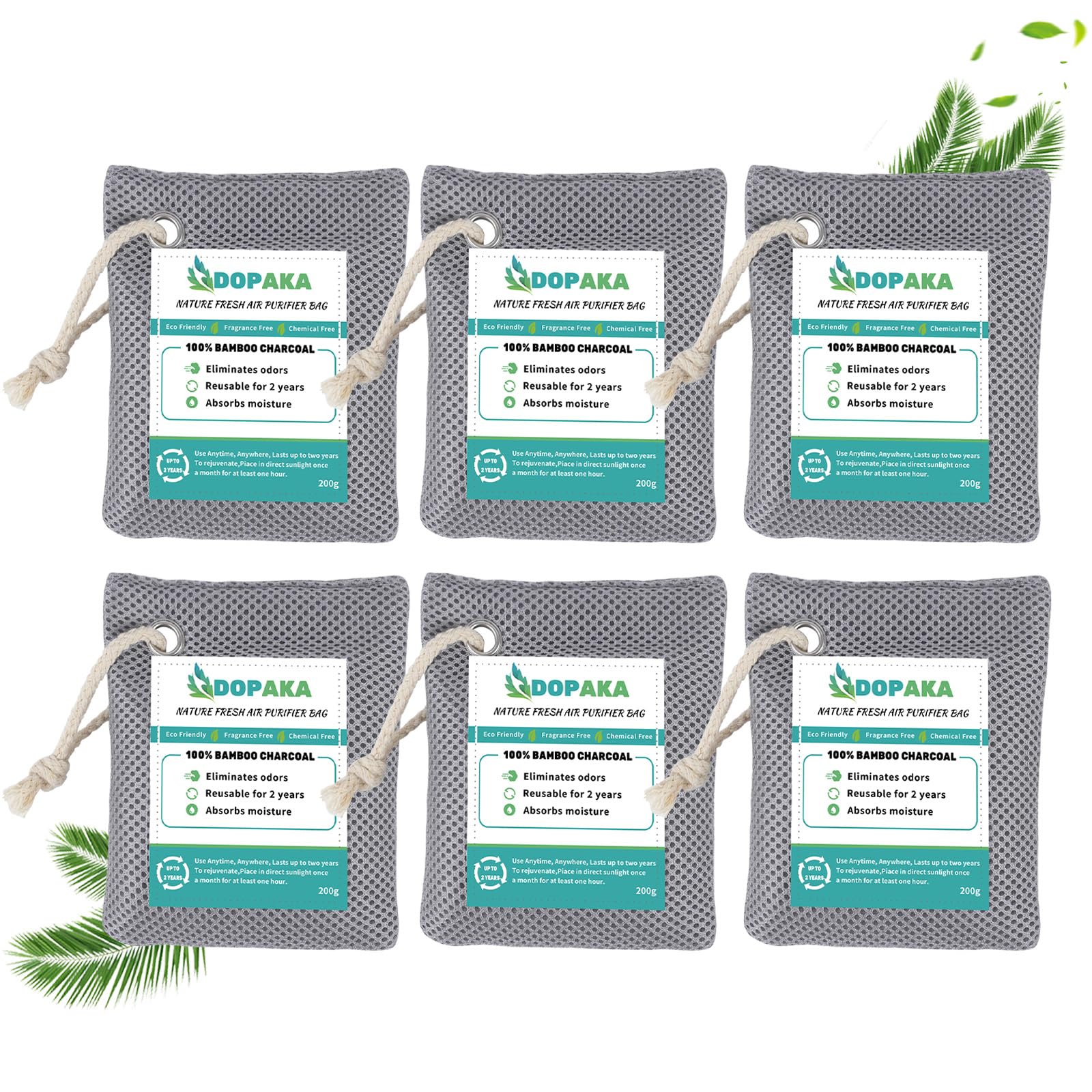 6 Pack Activated Charcoal Odor Absorber Bags - Natural Bamboo Charcoal Air Purifier for Home, Closet, Shoes & Car | Eliminates Odors, Moisture & Freshens Air | Ideal for Pet Areas, Gym Bags & Musty Spaces