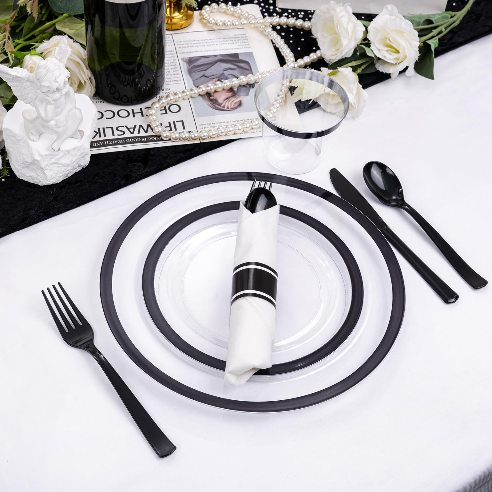 210-Piece Clear & Black Disposable Plastic Plates Set - 30 Dinner Plates, 30 Dessert Plates, 30 9oz Cups & 30 Pre-Rolled Napkins with Cutlery for New Year Parties, Birthday Celebrations & Family Gatherings