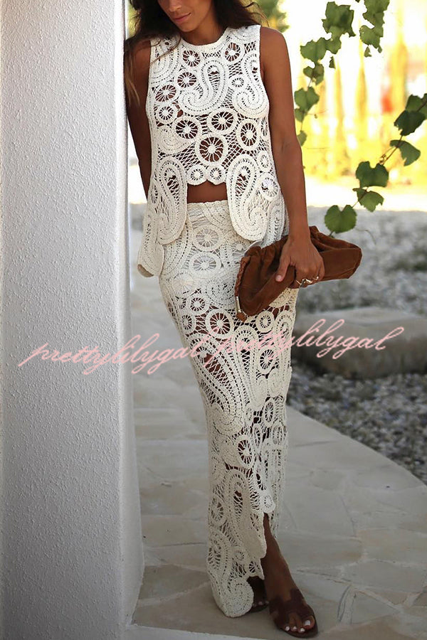 Crochet Lace Elastic Waist Maxi Skirt with Irregular Hem - Boho Summer Beach Dress for Vacation, Wedding, or Casual Outings